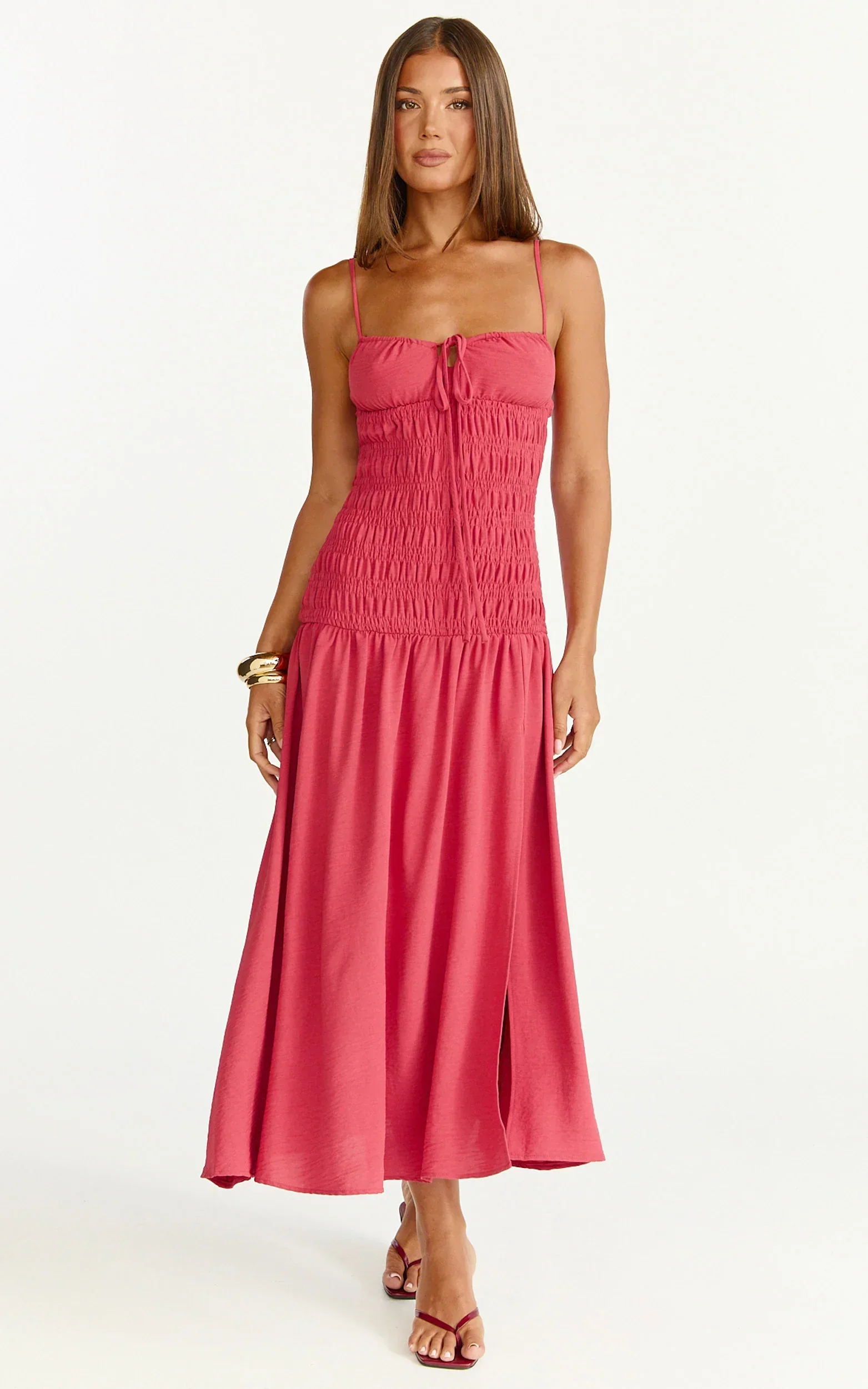 Eloise Midi Dress - Shirred Bodice Split Leg A Line Dress in Rose