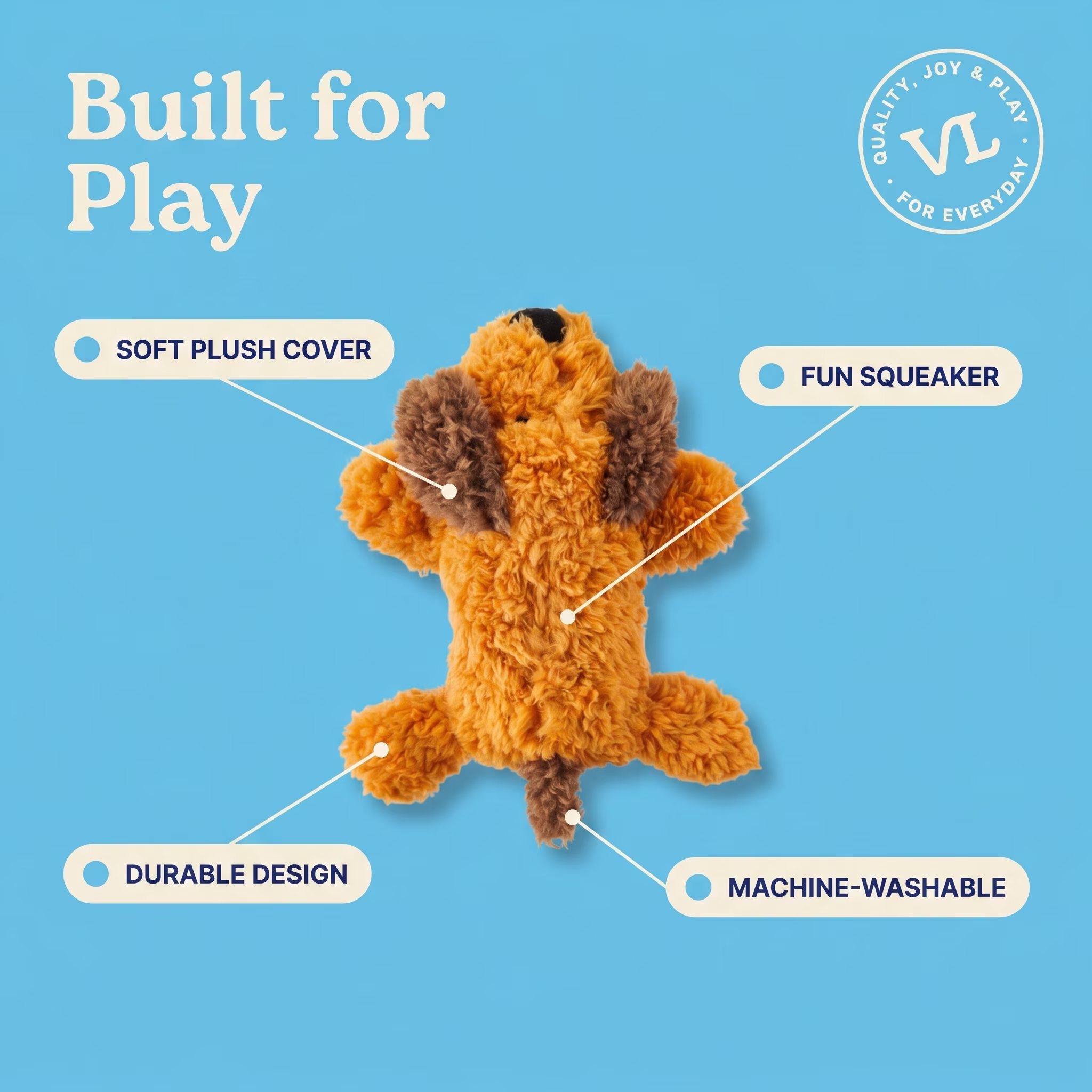 (4 pack) Vibrant Life Brown Floppy Plush Dog Toy with Squeaker, Chew Level 1