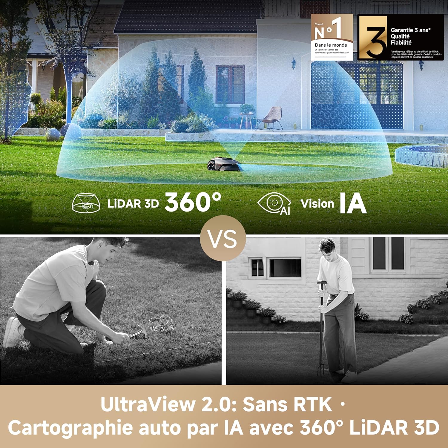 Robot tondeuse 800 m2 IA LiDAR 3D coupe bordures 5 cm sécurité animaux