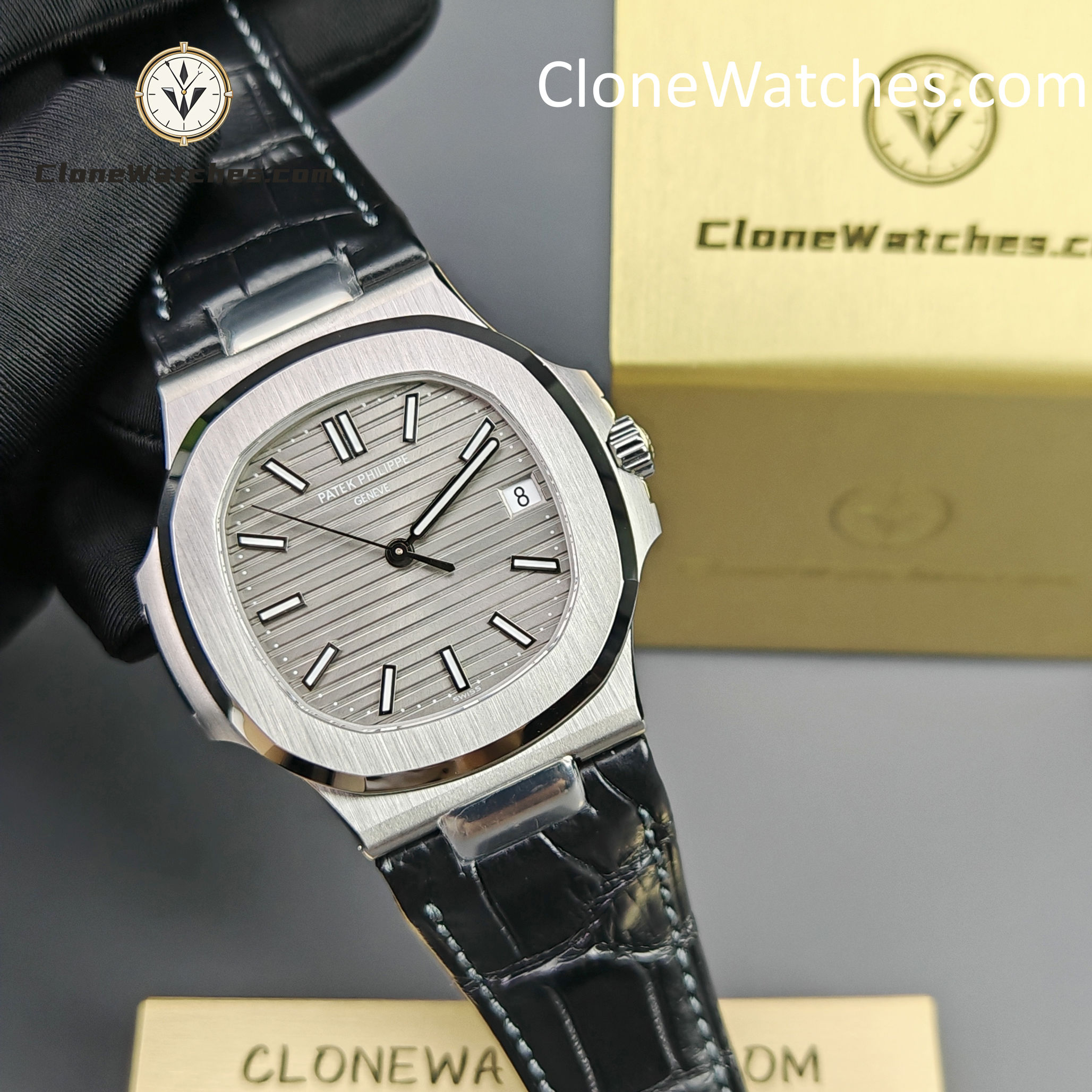 Patek Philippe Super Clone Watches 1:1 Nautilus 5711 Grey Dial Black Leather Strap