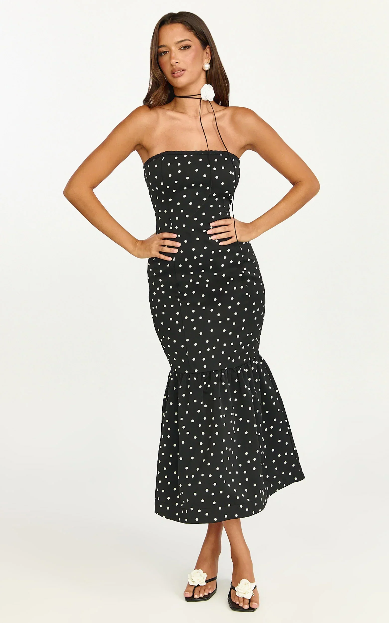Seraphina Midi Dress - Polka Dot Strapless Lace Neck Gathered Mermaid Skirt Dress in Black Polka Dot