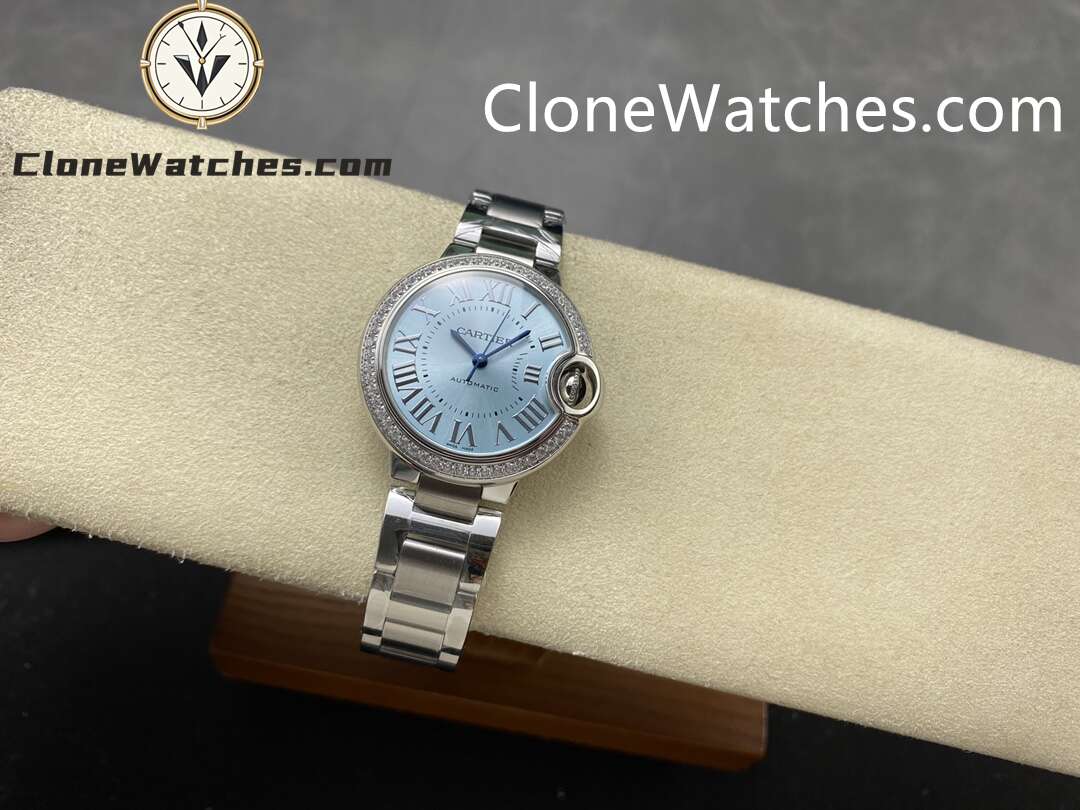 Cartier Super Clone Watches 1:1 Ballon Bleu de W4BB0028 Blue Dial Diamond Bezel 33mm