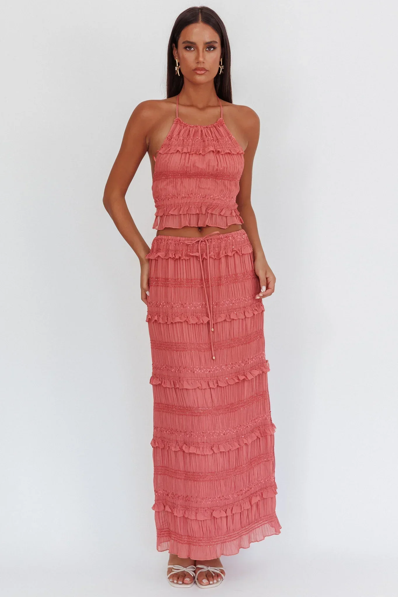 Helios Halterneck Shirred Sequin Top Rose