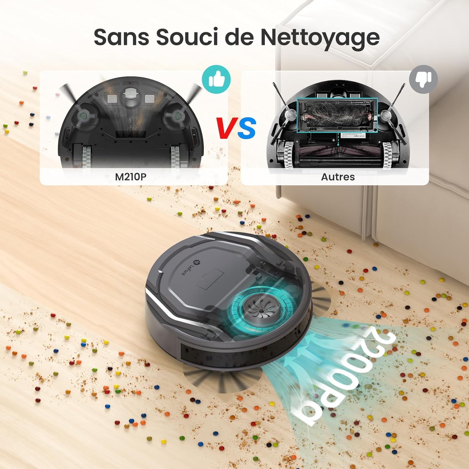 Robot aspirateur M210P 2200Pa mince silencieux 6 modes auto charge WiFi Bluetooth 120 min idéal poils animaux sols tapis