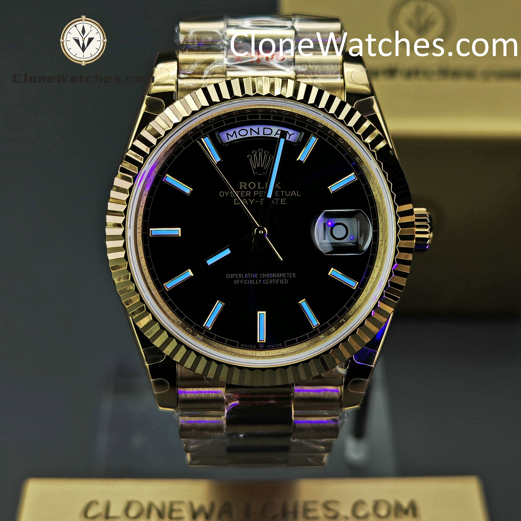 Rolex Super Clone Watches 1:1 Day Date 18K Gold Black Dial 40mm m228238-0067 3255 Movement