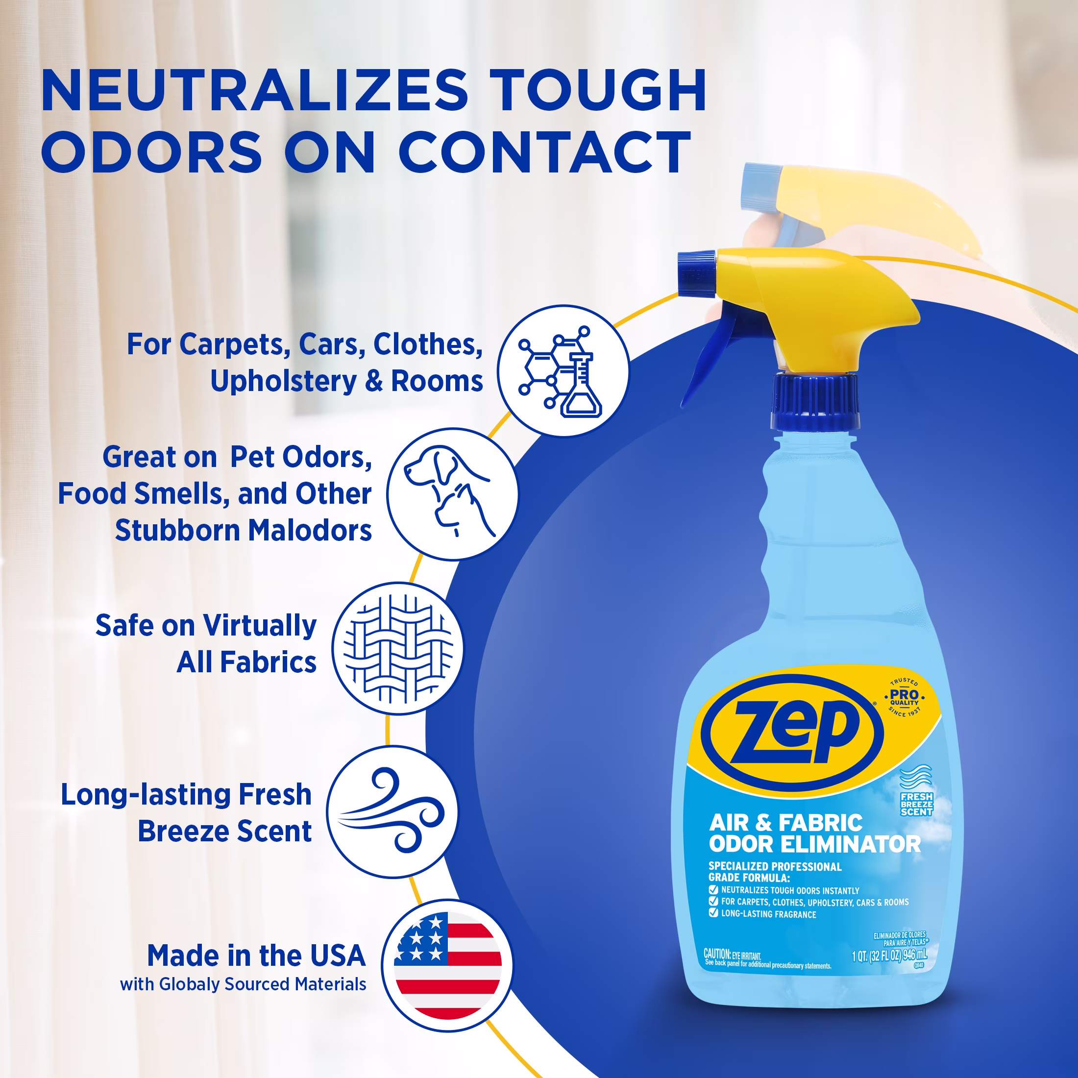 Zep Fresh Air and Fabric Odor Eliminator, Morning Dew Scent, 32 fl oz