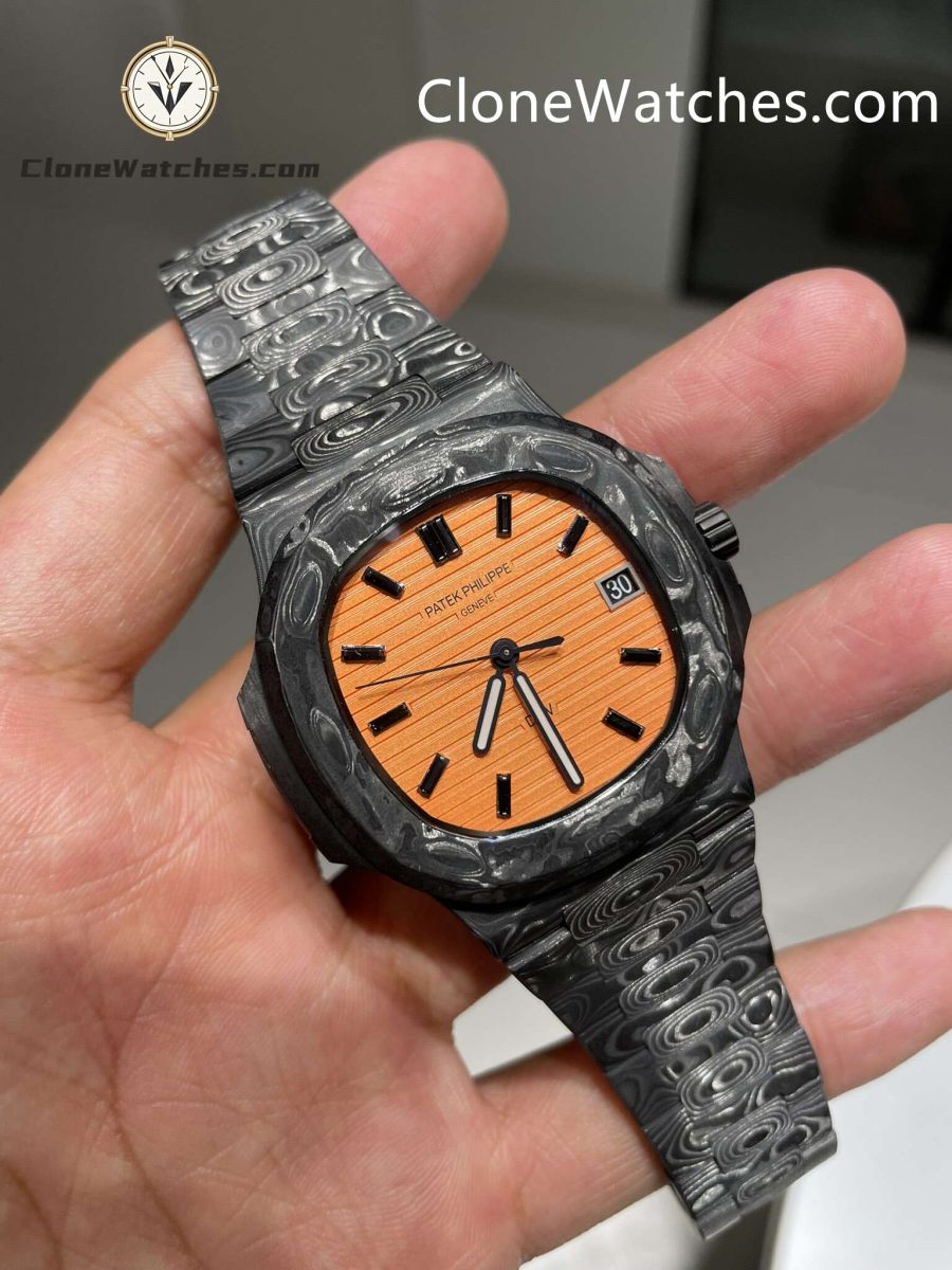 Modified Super Clone Watches 1:1 DiW Patek Philippe Nautilus 5711 “ALL CARBON BLACK” Orange Dial
