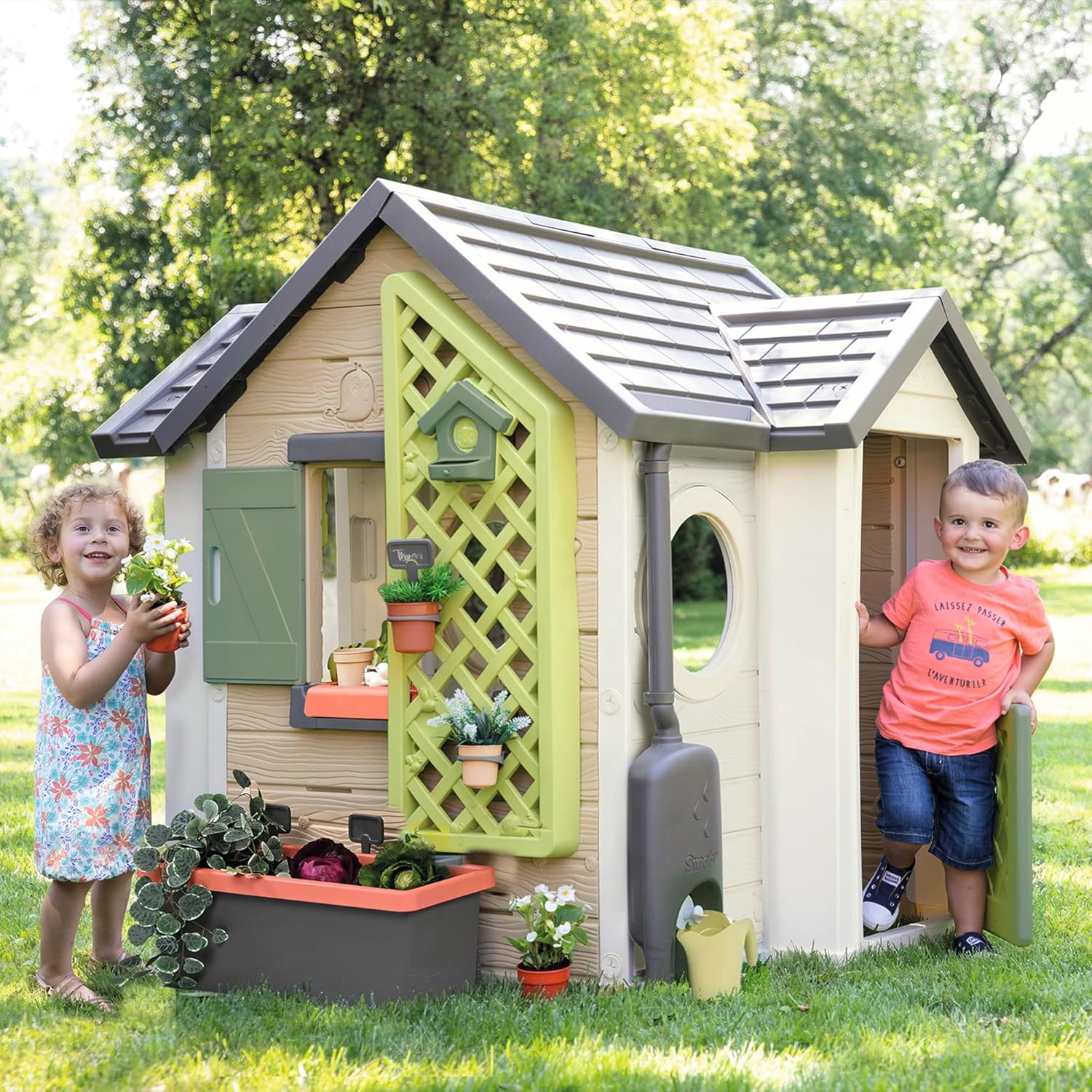 Maison jardinage enfants jardinière treillis mangeoire récupérateur eau matière recyclée dès 2 ans