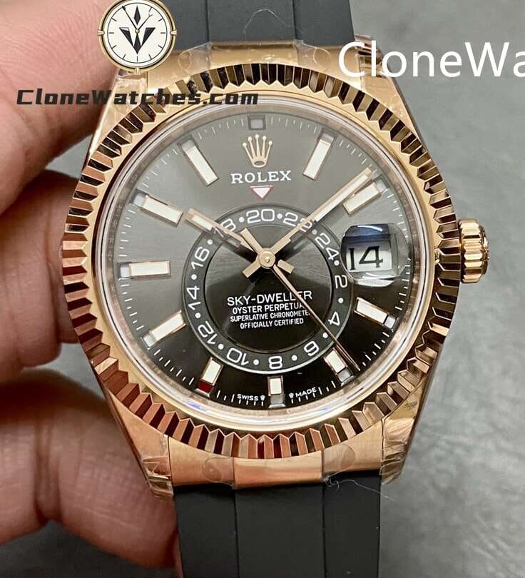 Rolex Super Clone Watch 1:1 Sky Dweller Rose Gold Black Dial m336235-0004 42MM Rubber Strap