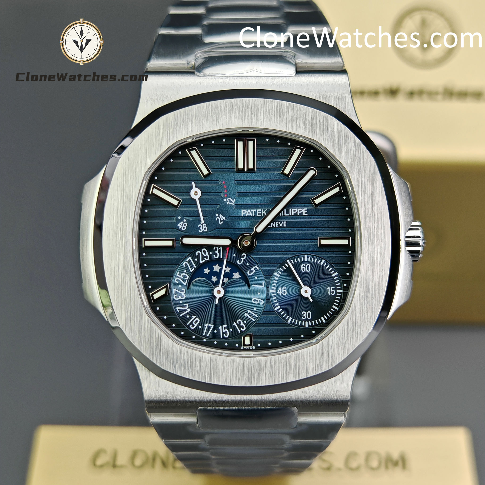 Patek Philippe Super Clone Watches 1:1 Nautilus Moon Phase 5712 Blue Dial New Clasp