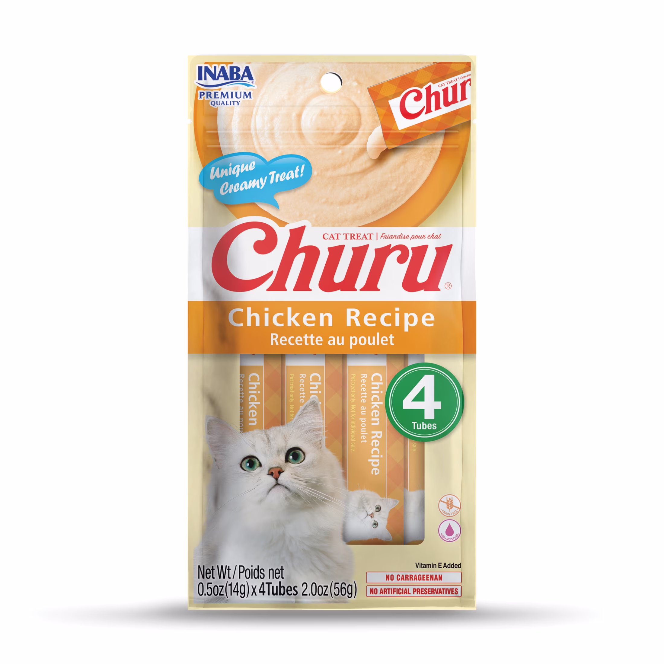 INABA Churu Cat Treats, Creamy Lickable Purée Cat Treat/Topper with Vitamin E, 0.5 Ounces Each Tube, 4 Tubes, Chicken Recipe