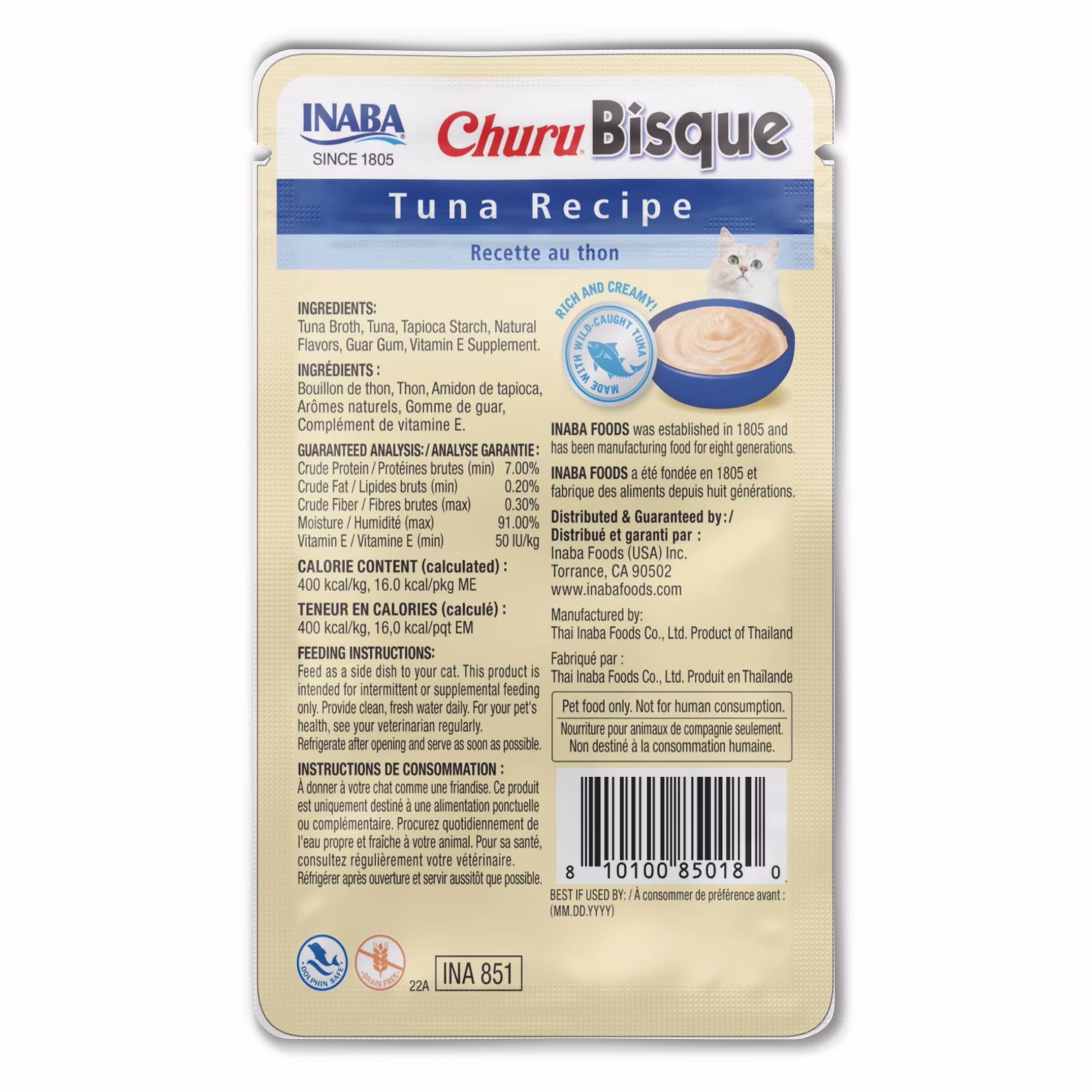 INABA Churu Bisque Lickable Wet Cat Topper, 1.4 oz Pouch, Tuna