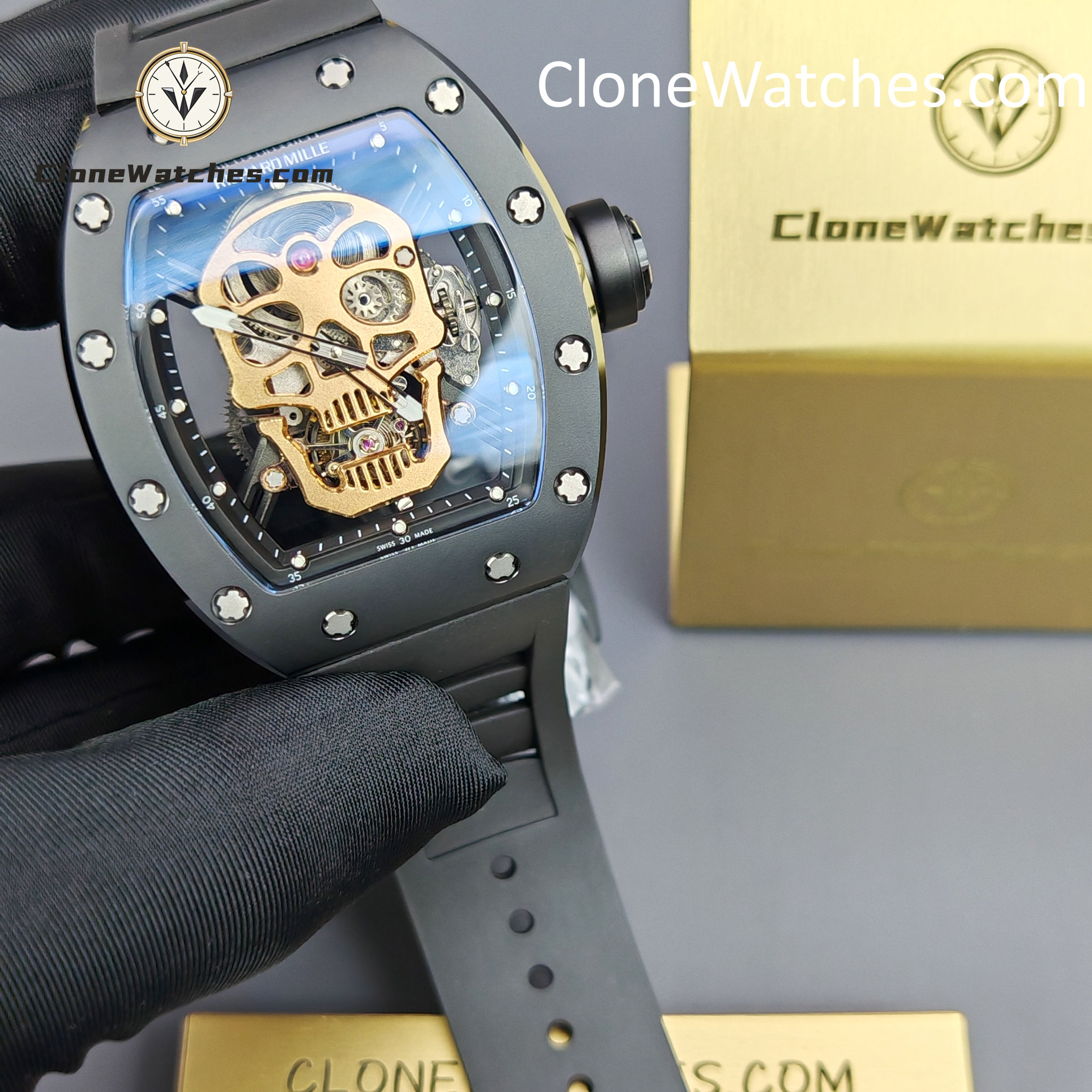 Richard Mille Super Clone Watches 1:1 RM 052 Tourbillon Skull Rose Gold Black Strap