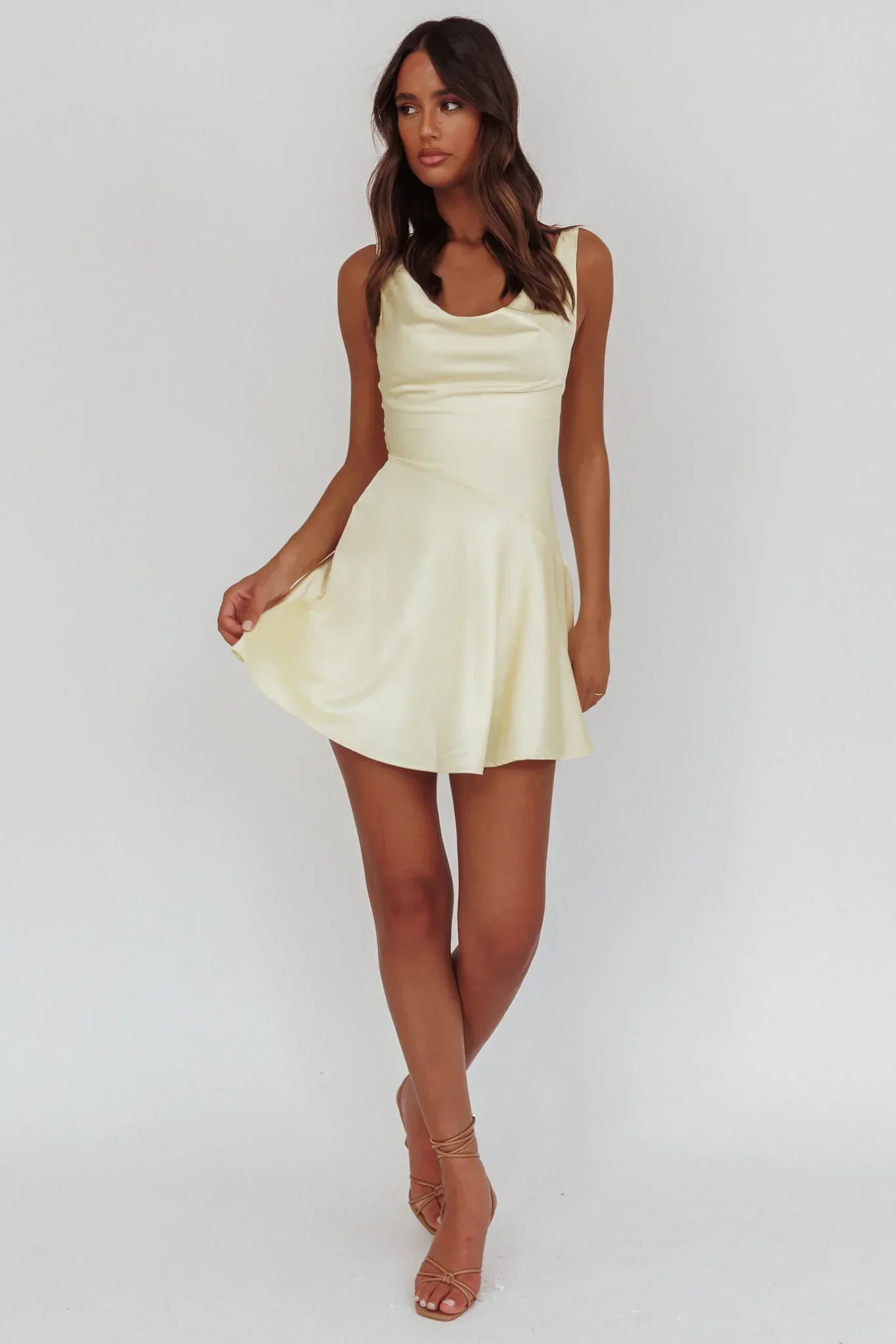 Brigid Cowl Neck Scoop Back Mini Dress Butter