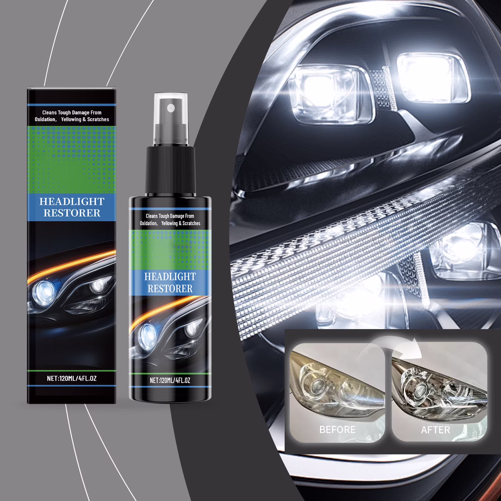 Cevemin Headlight Restoration Spray 120ml - Ceramic Coating Auto Lens Cleaner, Oxidation & Yellowing Remover, Hydrophobic Protector for Long-Lasting Clarity
