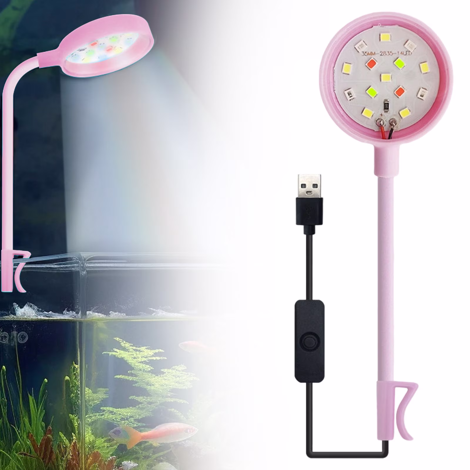 Mini Clip On Aquarium Light, LED Aquarium Light Clip On Fish Tank Light, USB Moving Aquarium Lamp Colorful LED Light, Focus Light For Fish Tank Indoor LED Light For Fish Tank Plants Coral Pink