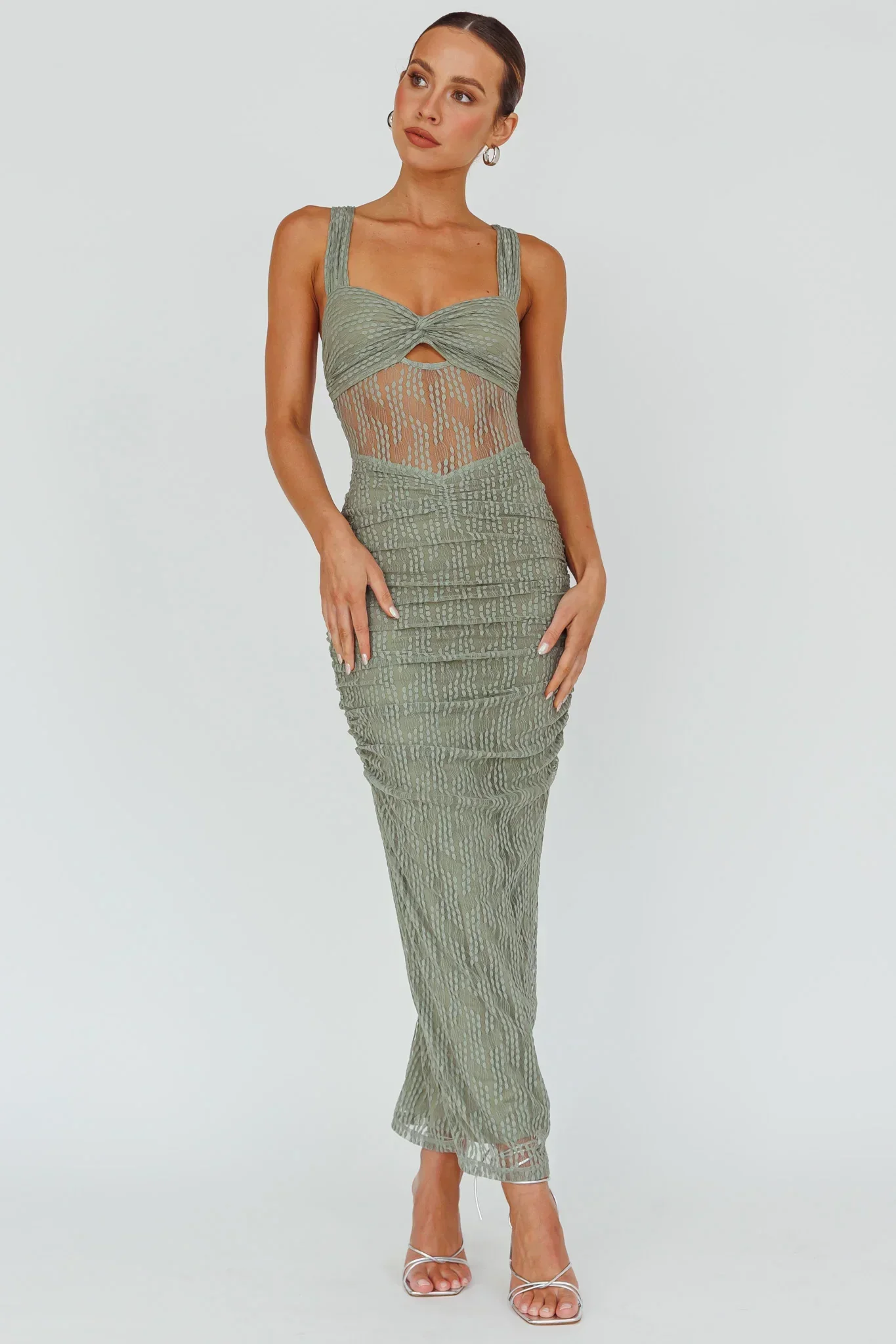 Oliana Embroidered Mesh Midi Dress Fern