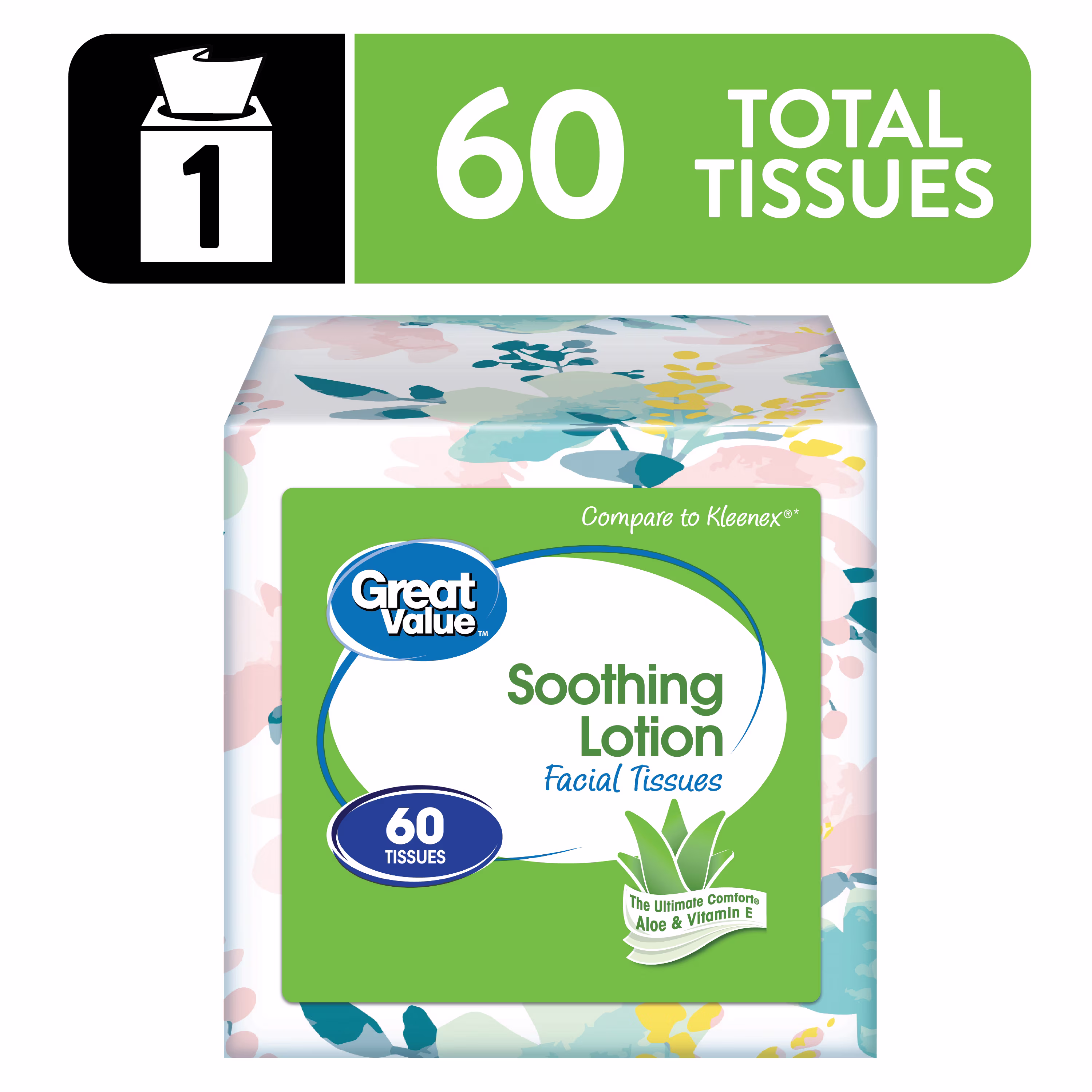 Great Value Soothing Lotion Facial Tissues, 1 Cube, 60 Tissues per Cube, 3-Ply, Compare to Kleenex®