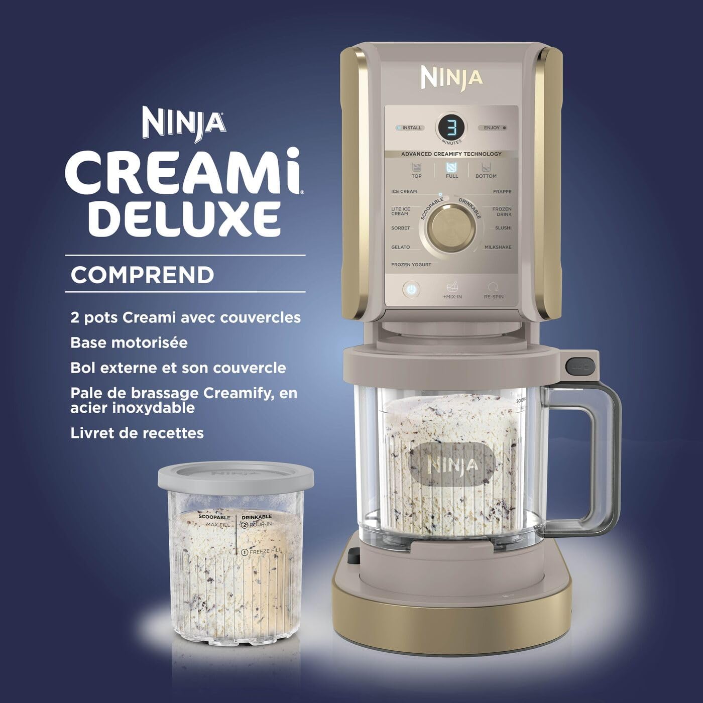Machine glace sorbetière CREAMi Deluxe NC502EUSTGD 2 bacs 10 fonctions pièces lavables