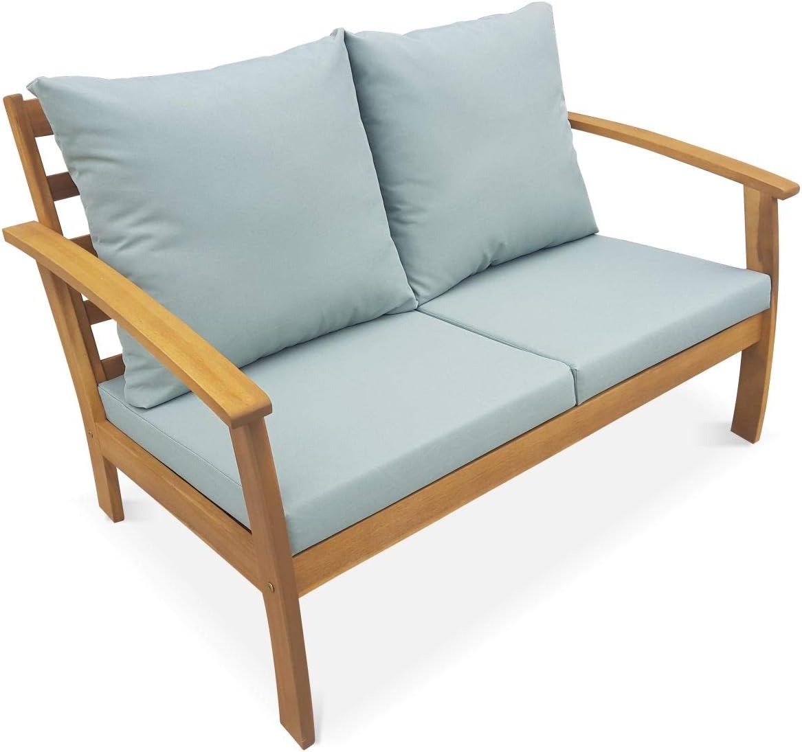 Salon jardin bois 4 places canapé fauteuils table basse acacia coussins vert de gris