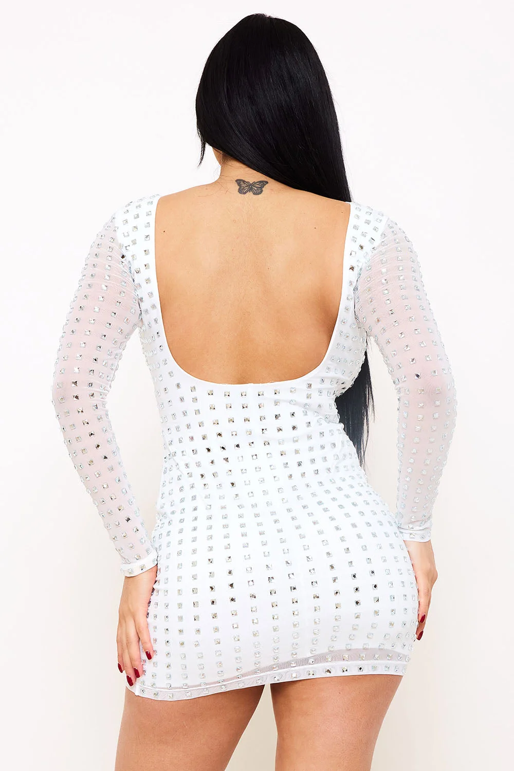 Symphony Dress - Square Rhinestone Long Sleeve Mini Dress