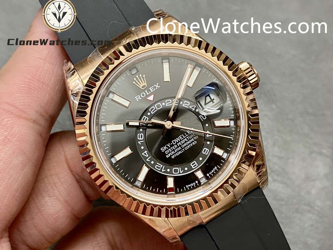 Rolex Super Clone Watch 1:1 Sky Dweller Rose Gold Black Dial m336235-0004 42MM Rubber Strap