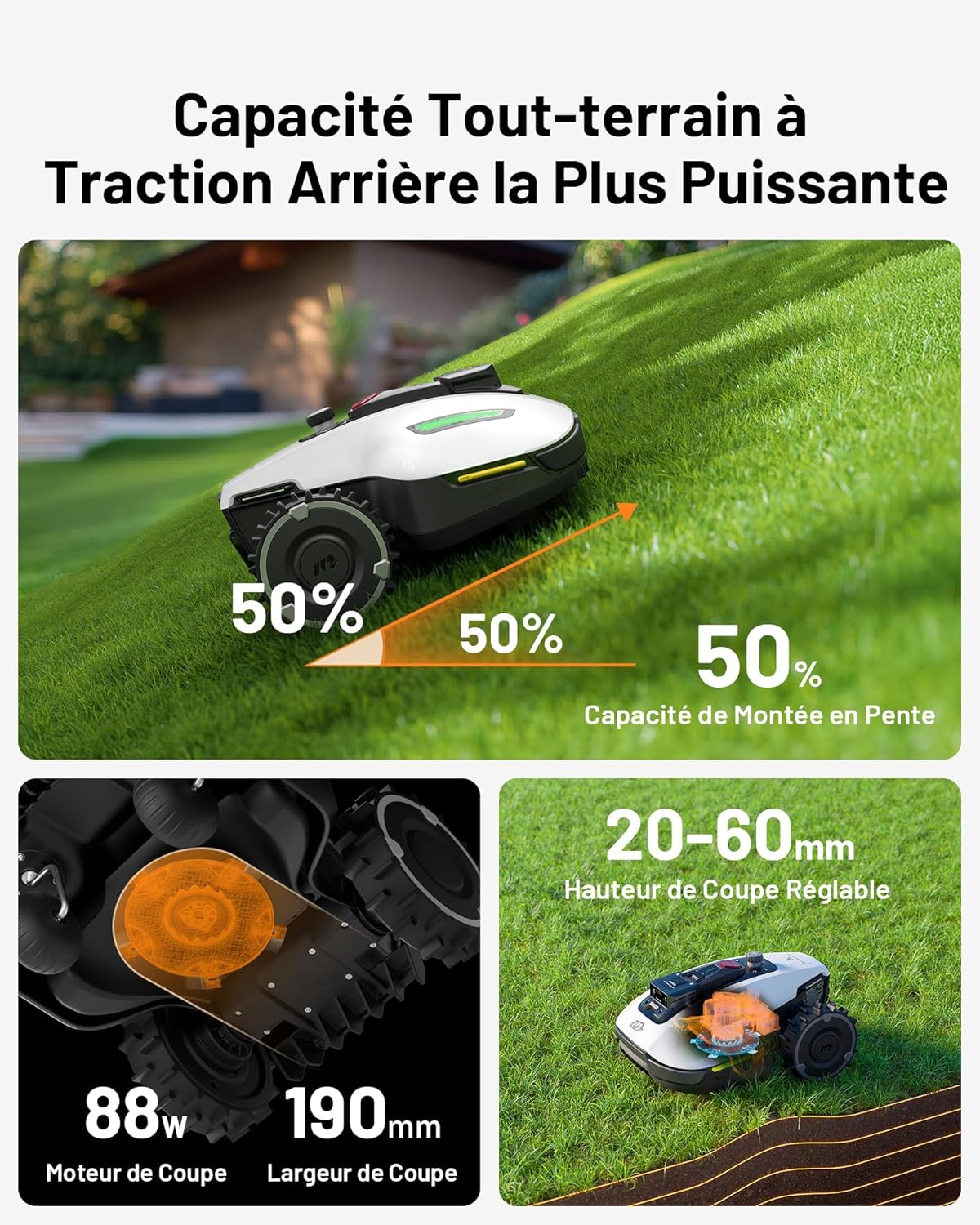 Robot tondeuse YUKA Mini 500 sans fil NetRTK Vision pente 50% cartographie auto module 4G