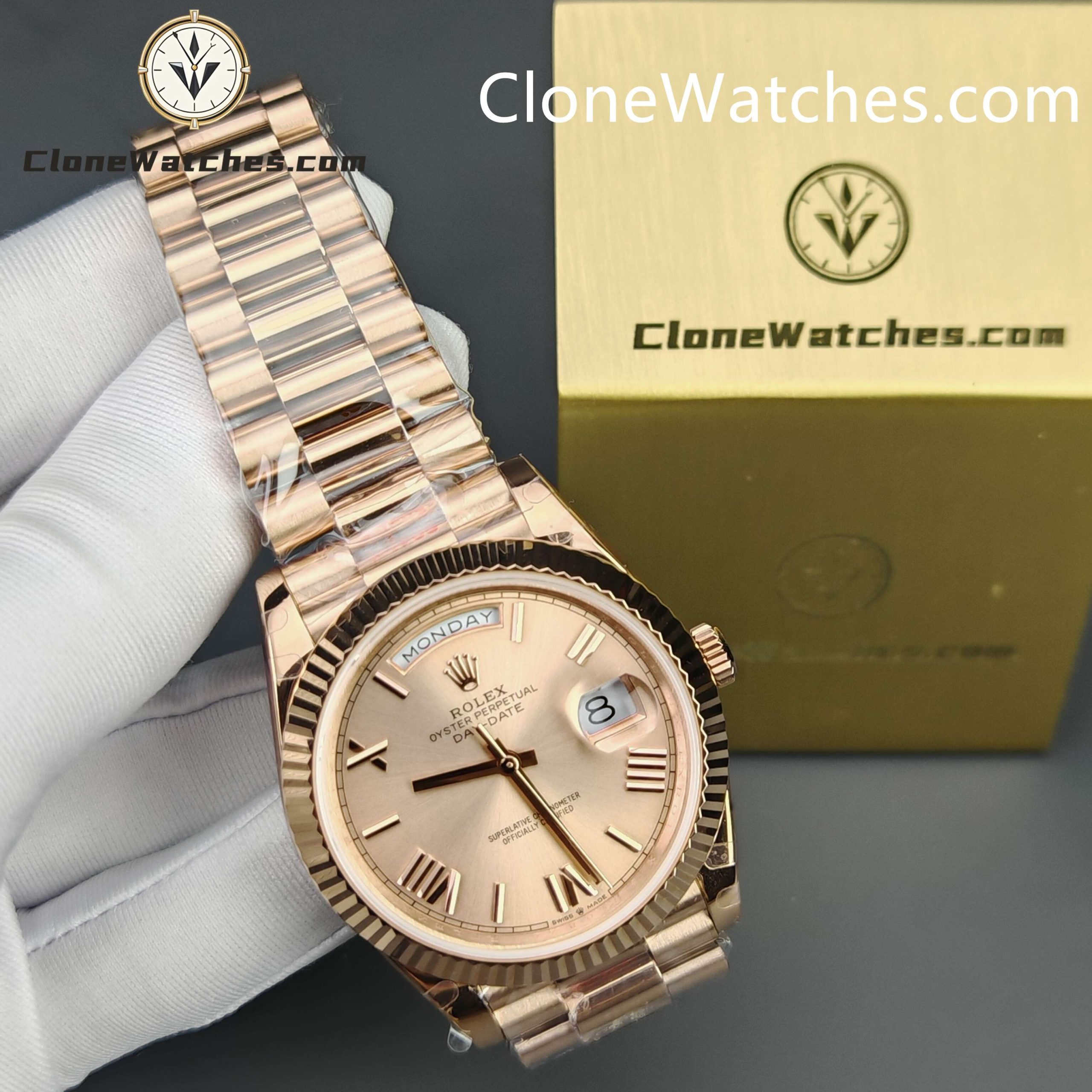 Rolex Super Clone Watches 1:1 Day Date 18K Rose Gold Sundust Roman Dial 40mm m228235 3255 Movement