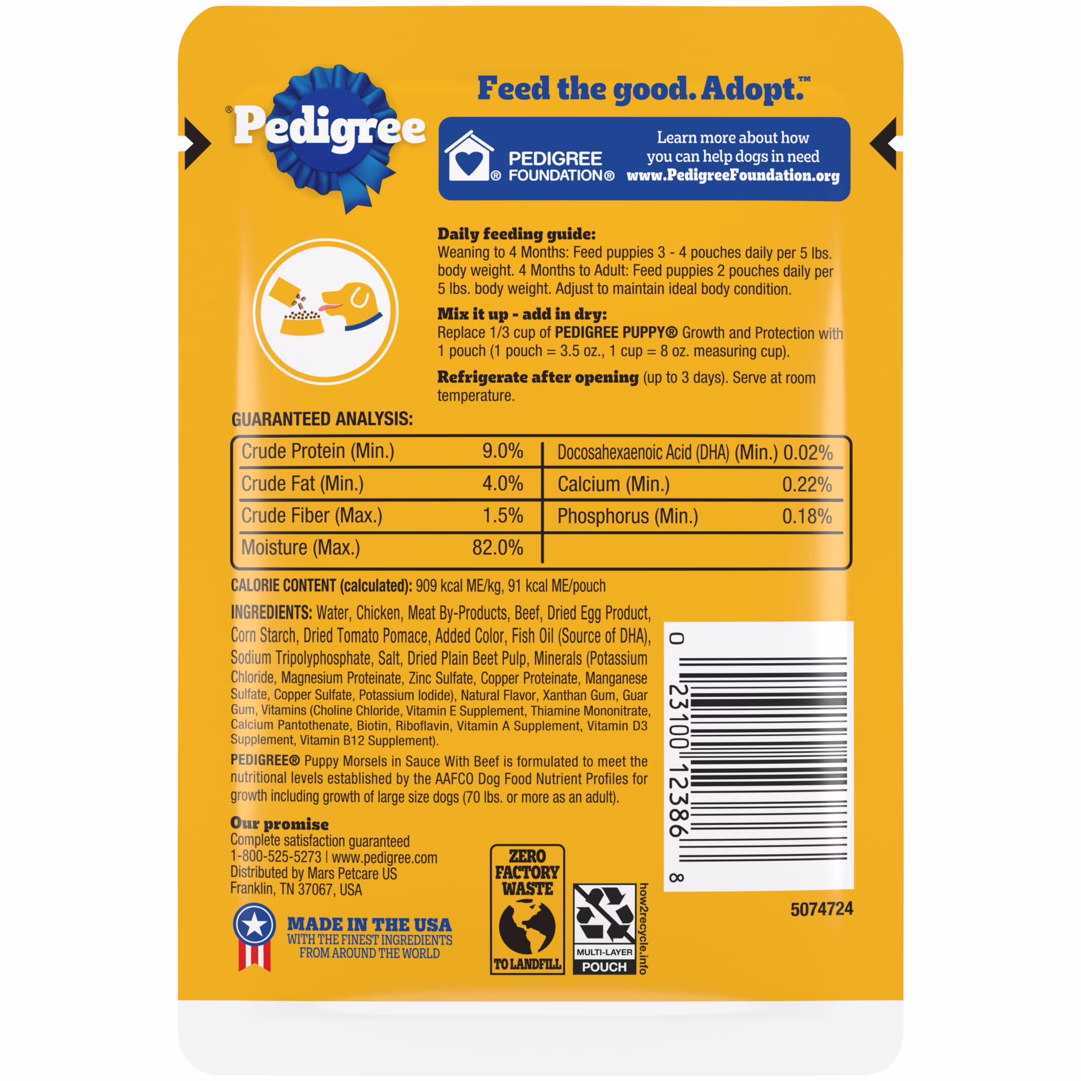 Pedigree Puppy Food Morsels in Sauce, Wet Dog Food Pouches, Beef Flavor, 3.5 oz. Pouches