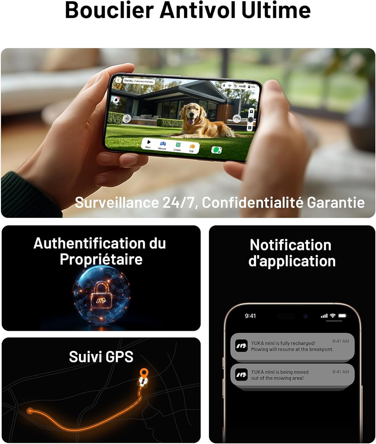 Robot tondeuse YUKA Mini 500 sans fil NetRTK Vision pente 50% cartographie auto module 4G