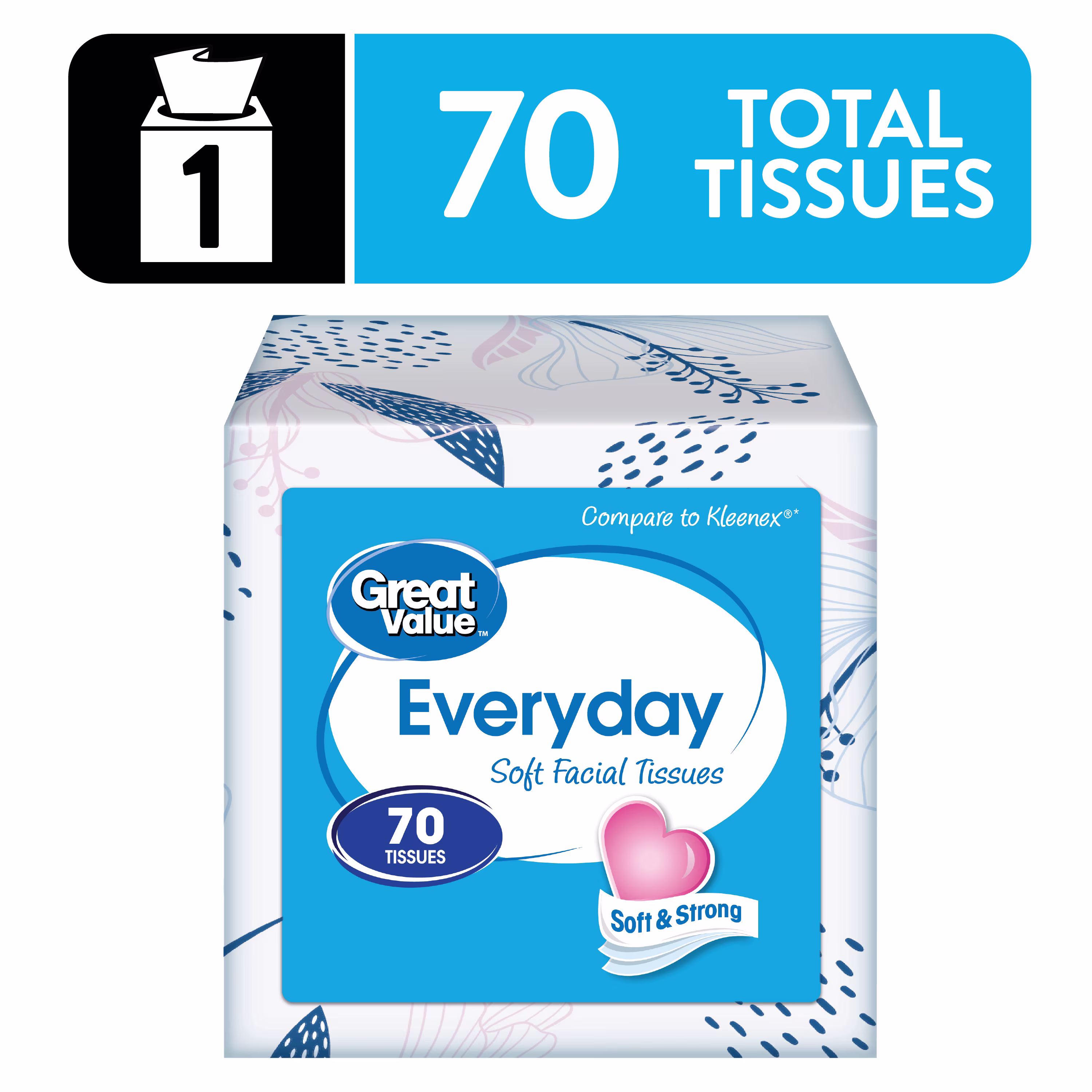 Great Value Everyday Soft Facial Tissues, 4 Cubes, 70 Tissues per Cube, 2-Ply