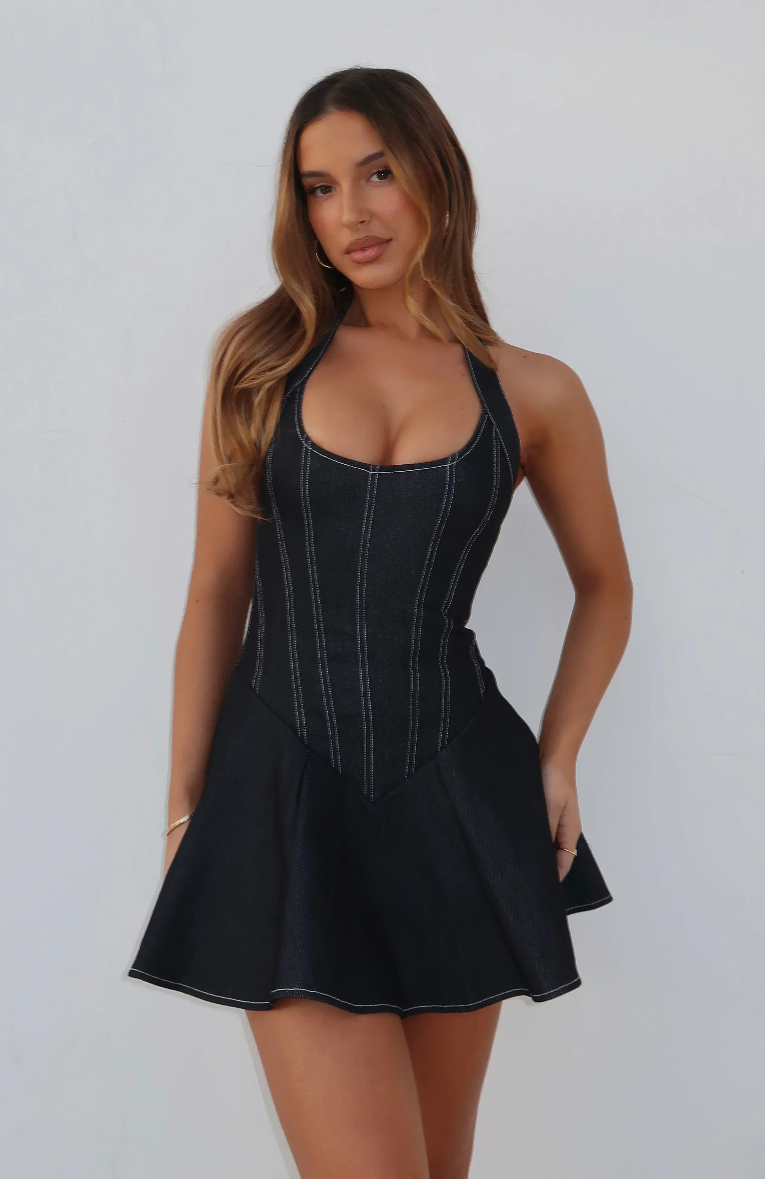 Looking At Me Halter Mini Dress Dark Indigo
