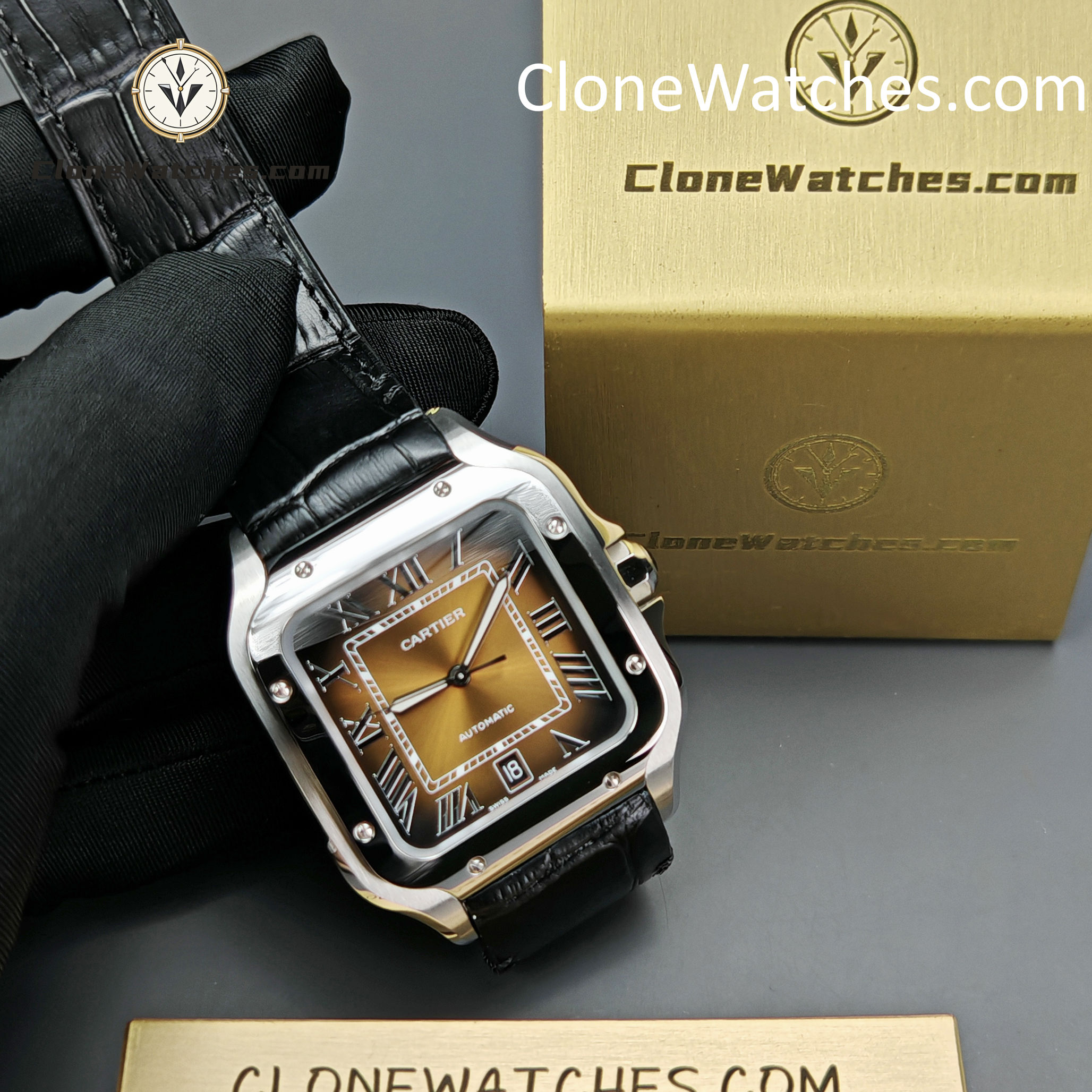 Cartier Super Clone Watches 1:1 Santos Gradient Brown Dial 39.8MM WSSA0064 Black Leather Belt
