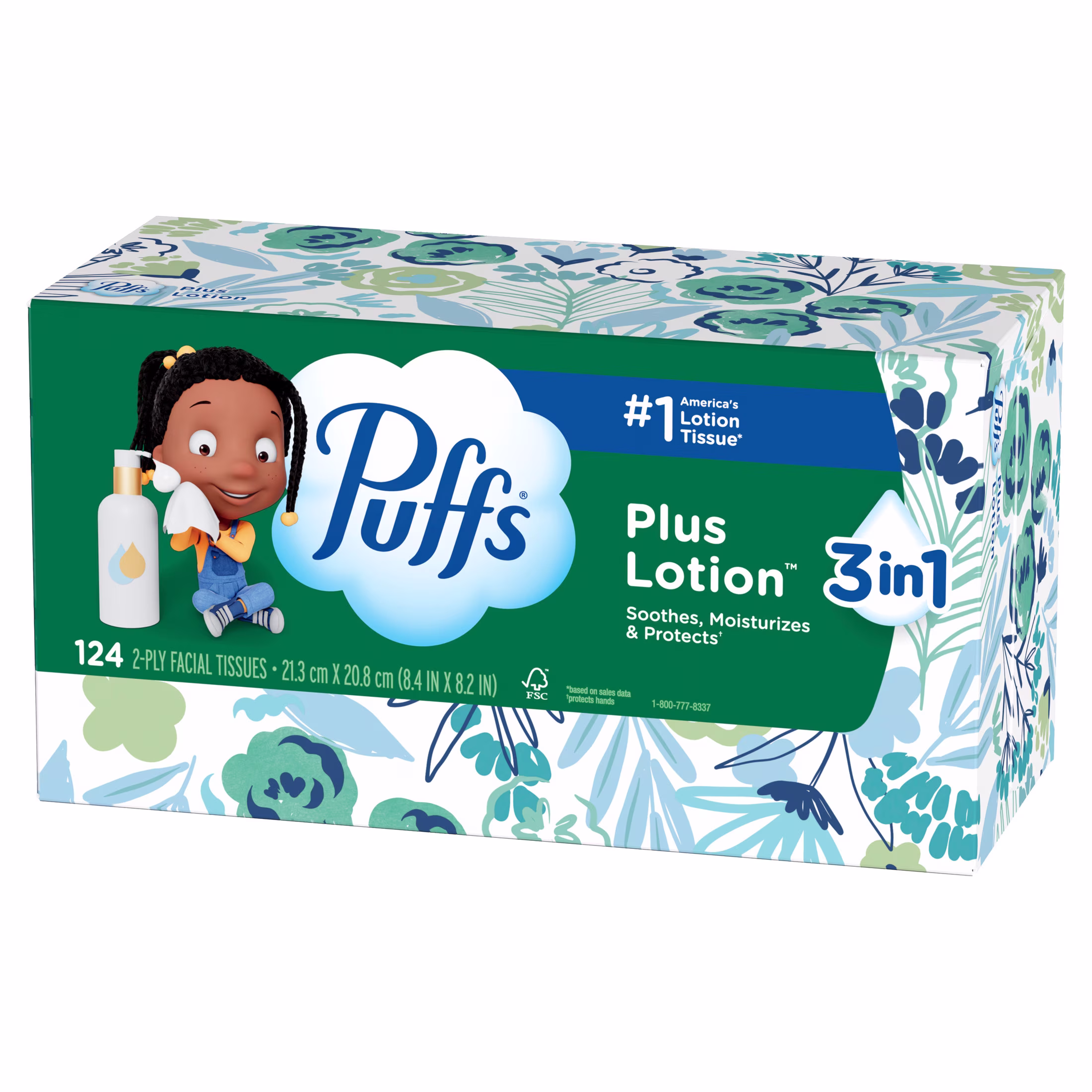 Puffs Facial Tissue Plus Lotion, 1 Rectangle Box, 124 Tissues Per Box