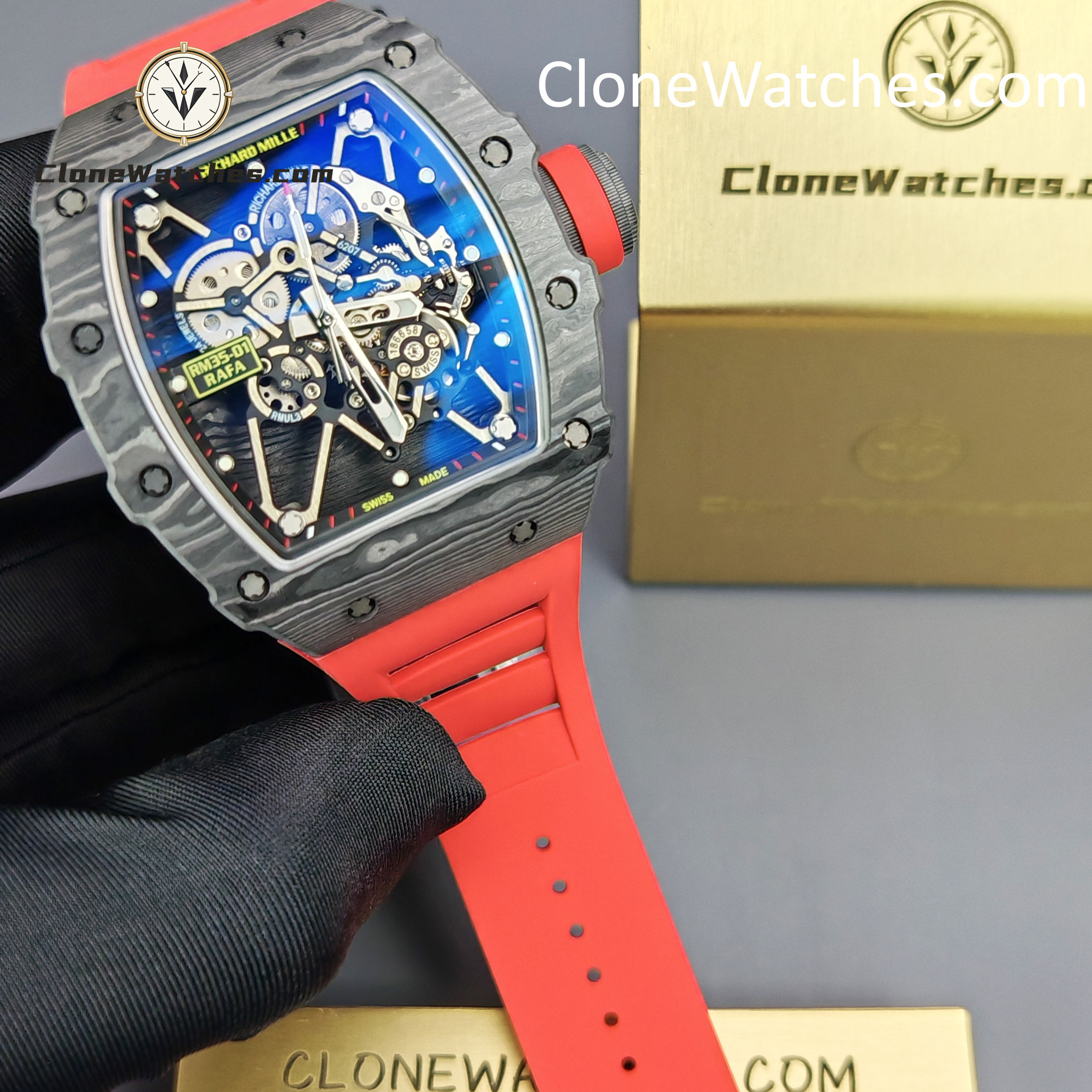 Richard Mille Super Clone Watches 1:1 RM 035 – 01 Carbon Tourbillon Red Strap