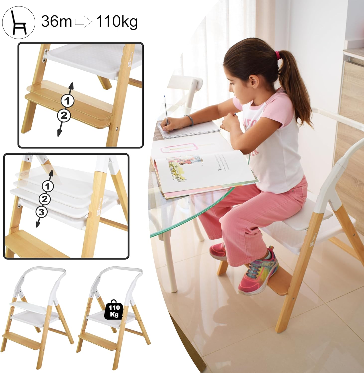 Chaise haute évolutive bébé 5 en 1 bois de hêtre plateau amovible