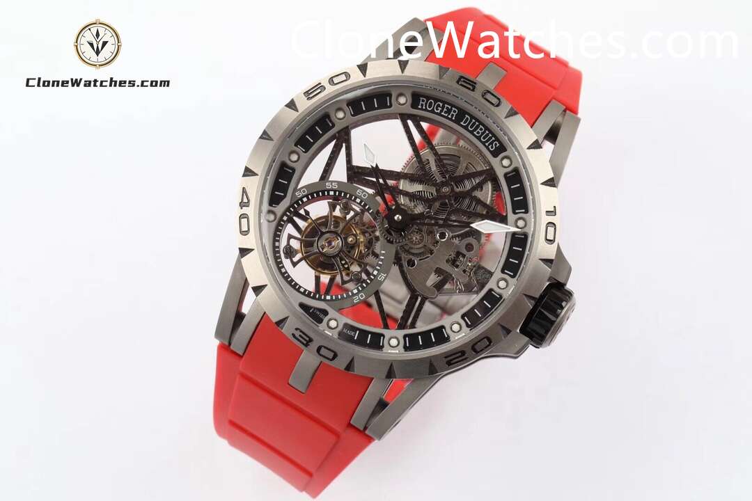 Roger Dubuis Super Clone Watches 1:1 Excalibur Skeleton Tourbillon RDDBEX0479 45MM Red Strap