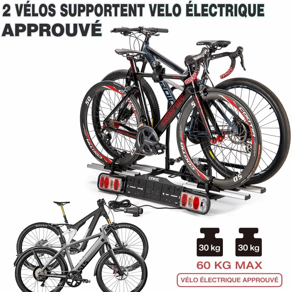 Porte vélo électrique attelage 2 vélos charge 60 kg feu arrière noir
