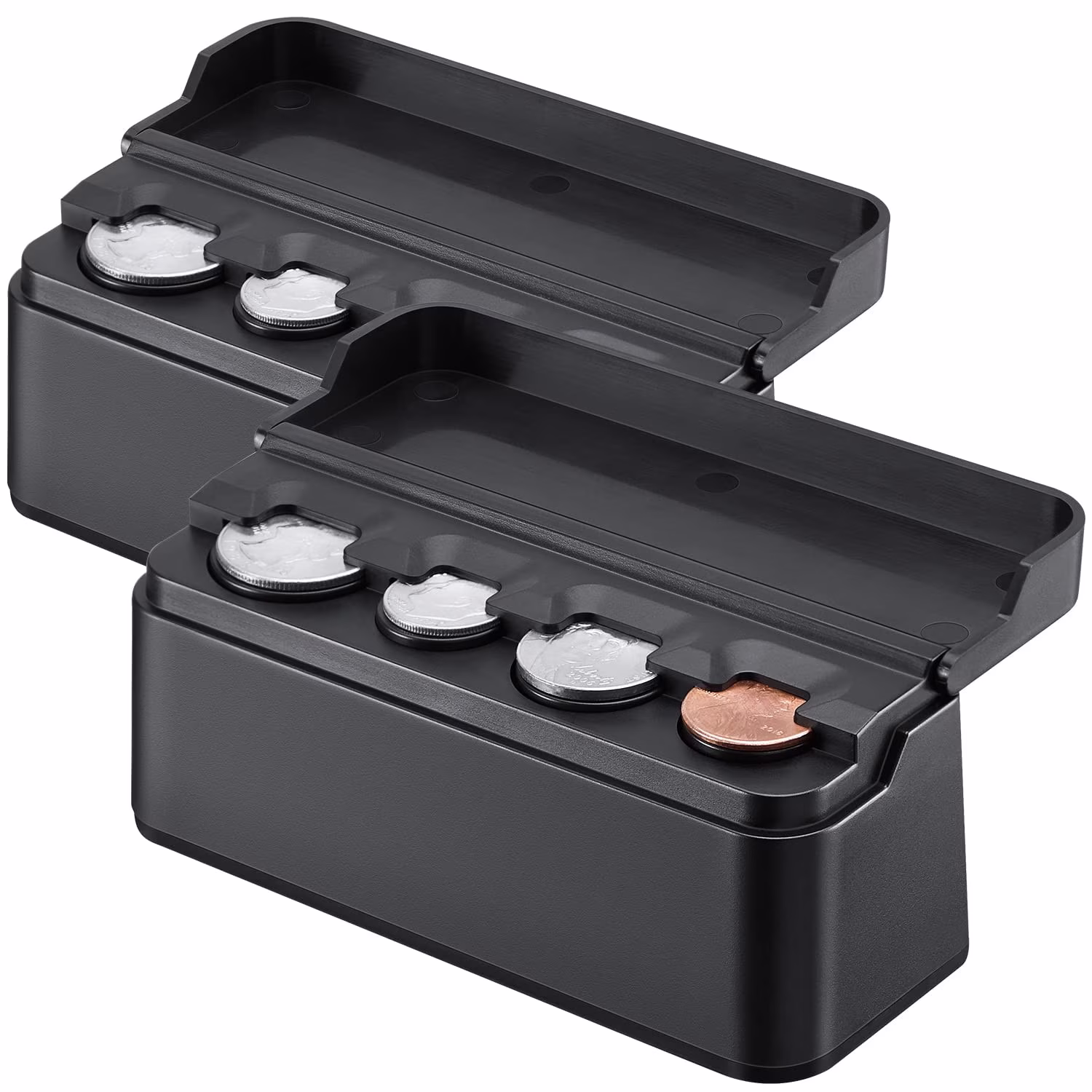 Universal Car Coin Holder Organizer with Flip Lid, Storage Dispenser Box for Quarters Nickels Pennies Dimes, Vehicle Center Console Accessories