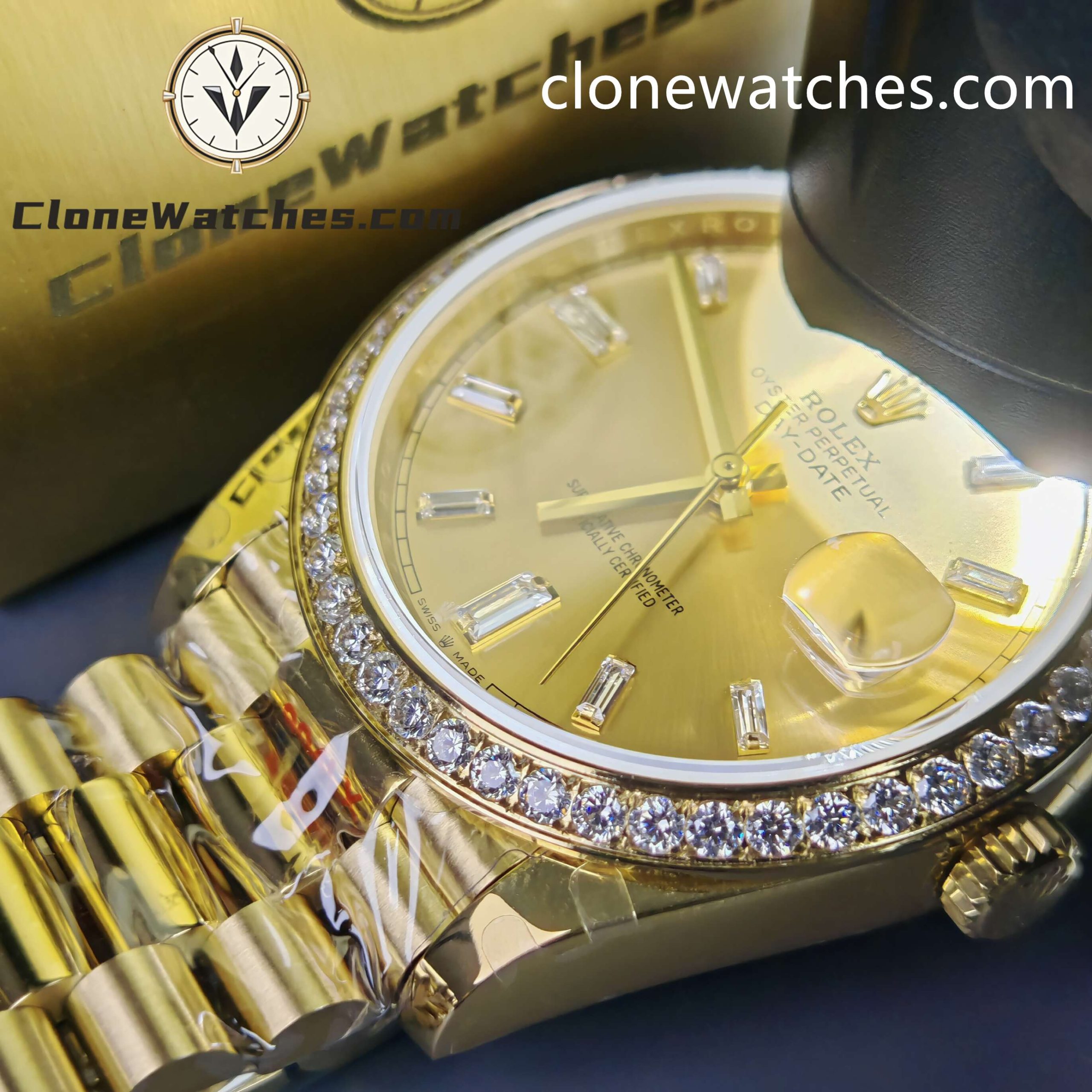 Rolex Super Clone Watches 1:1 Day Date Gold Dial Diamond Bezel M228348rbr-0002 40mm 3255 Movement