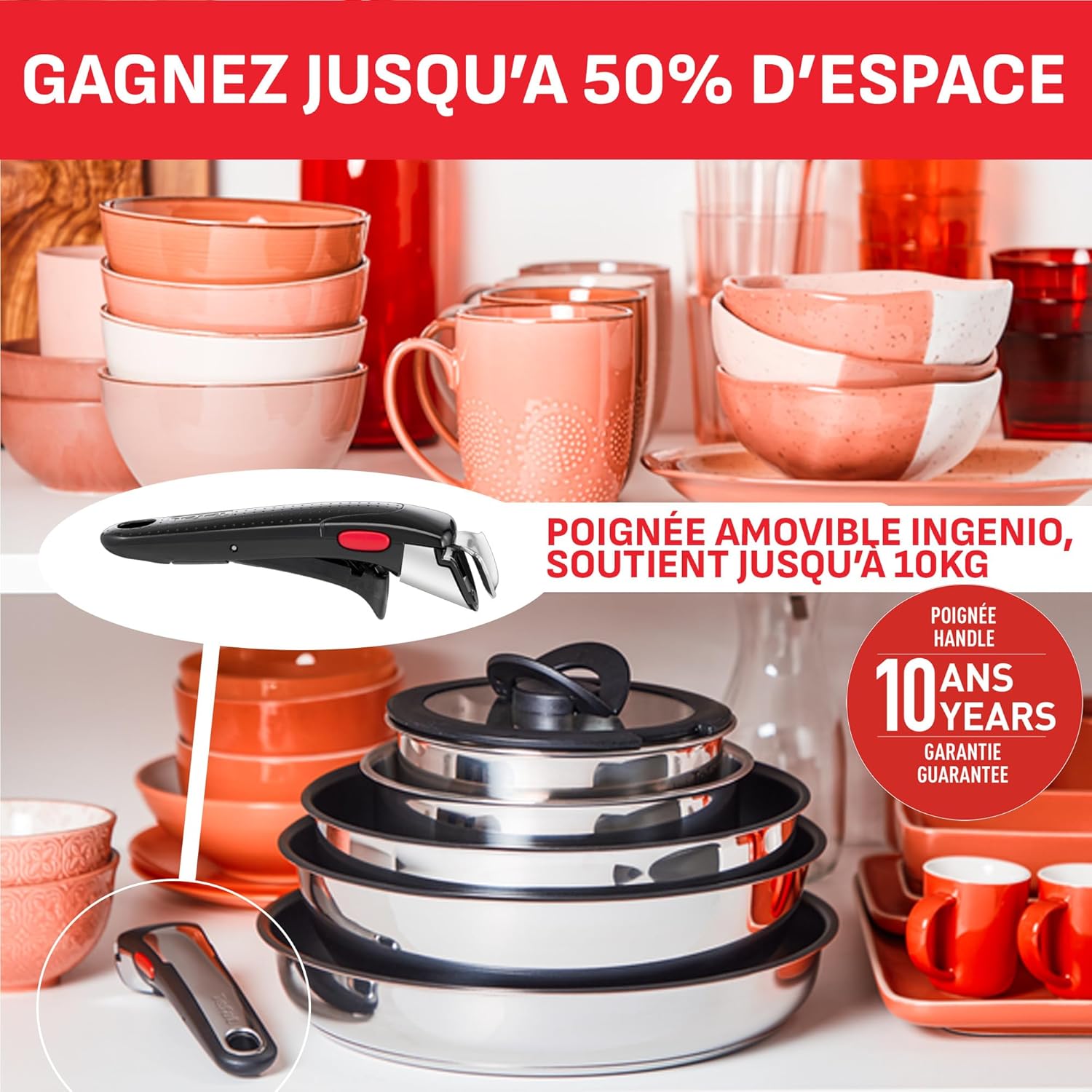 Batterie cuisine 20 pièces induction poignées amovibles antiadhésif empilable