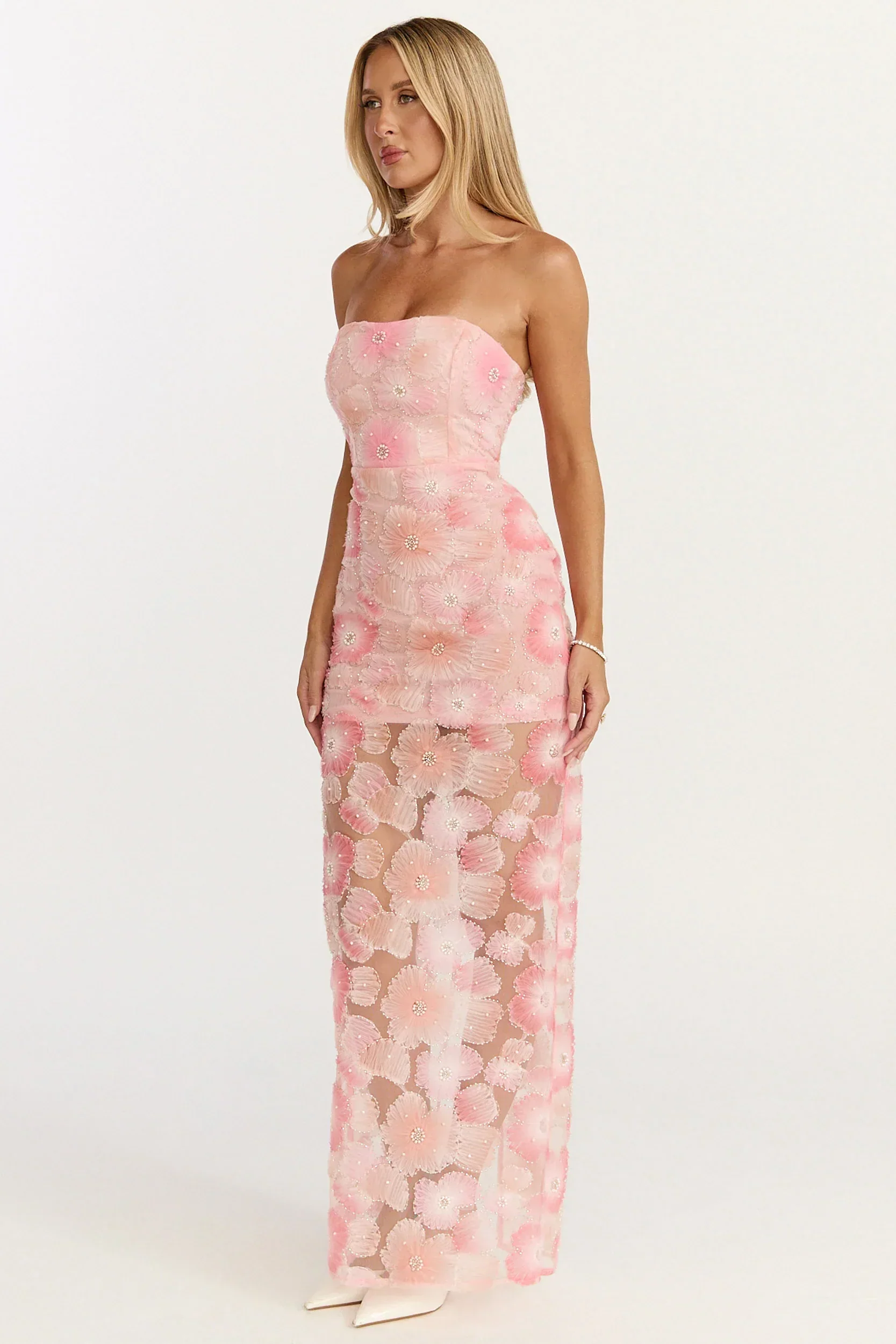Lima Maxi Dress - Strapless Floral Embellished Column Dress in Pink