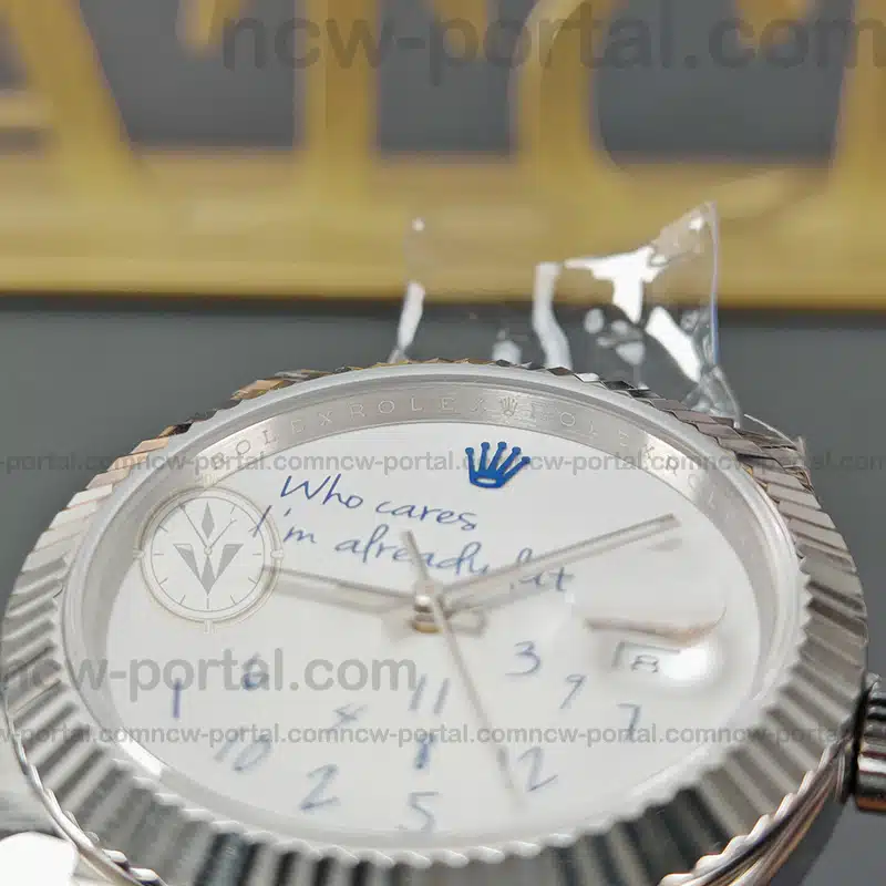 Rolex Super Clone Watches 1:1 DateJust “Who Cares I’m Already Late” White Custom Dial m126334 Jubilee 41MM 3235 Movement