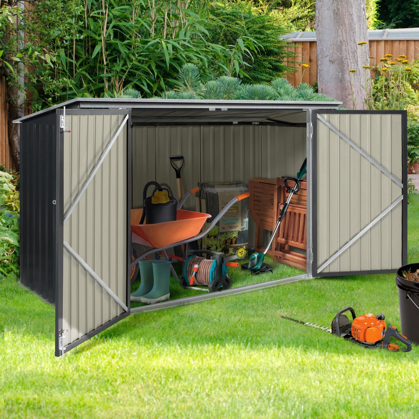 Abri de jardin métal verrouillable multi rangement stockage vélos outils poubelles