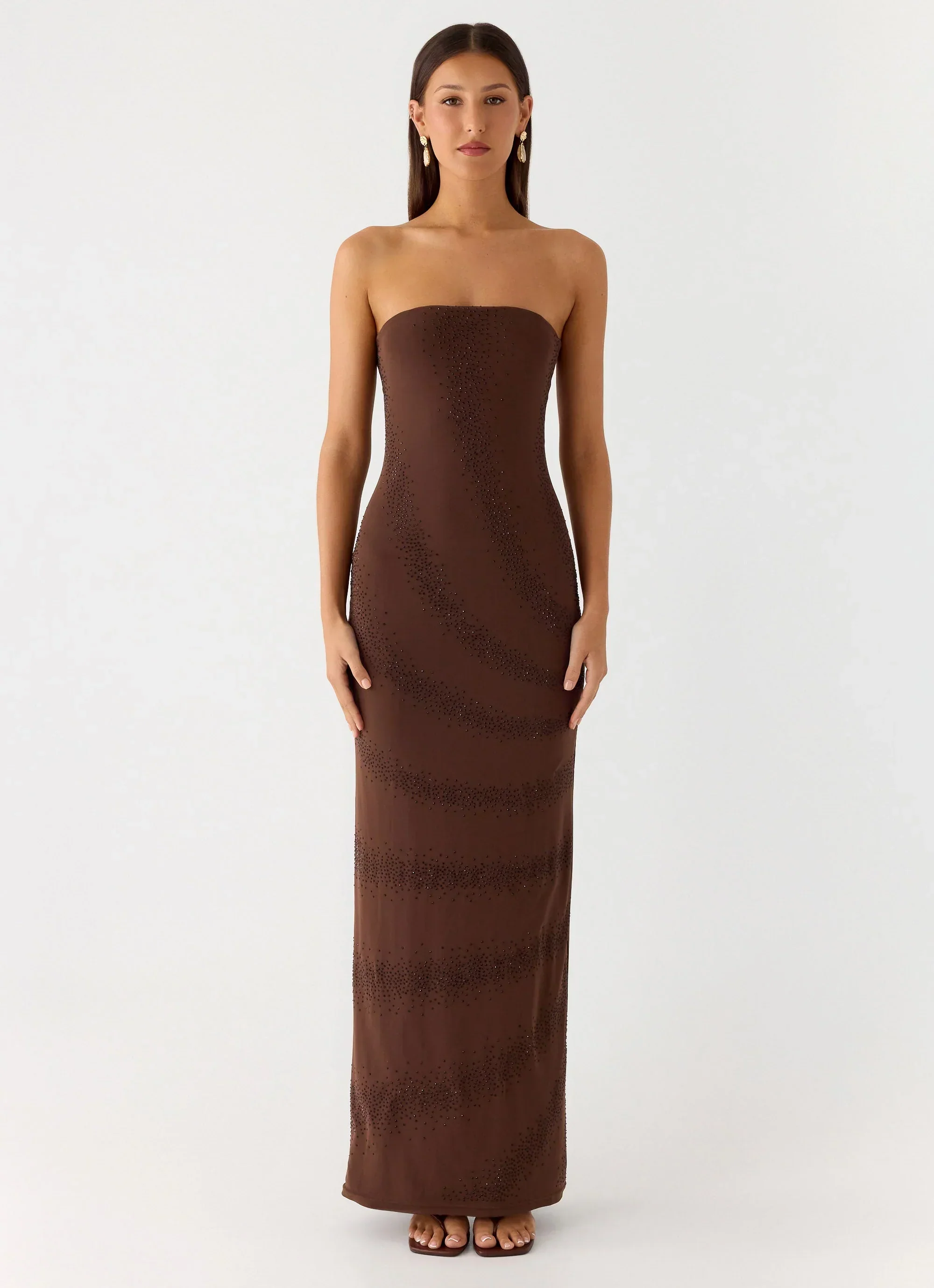 Belisse Beaded Mesh Maxi Dress - Chocolate