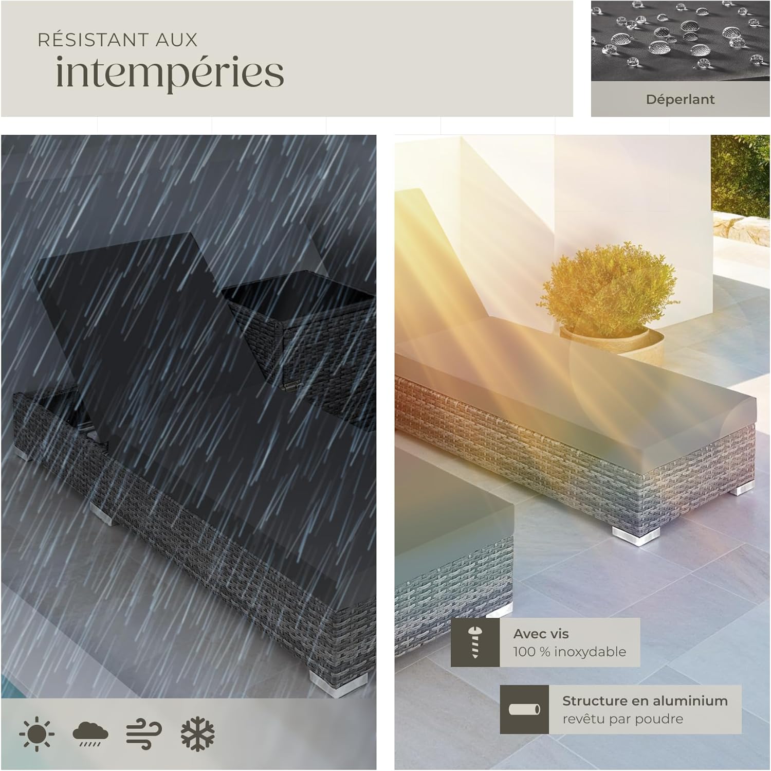 Set 2 chaises longues bain de soleil dossier réglable table aluminium résine tressée housses protection gris