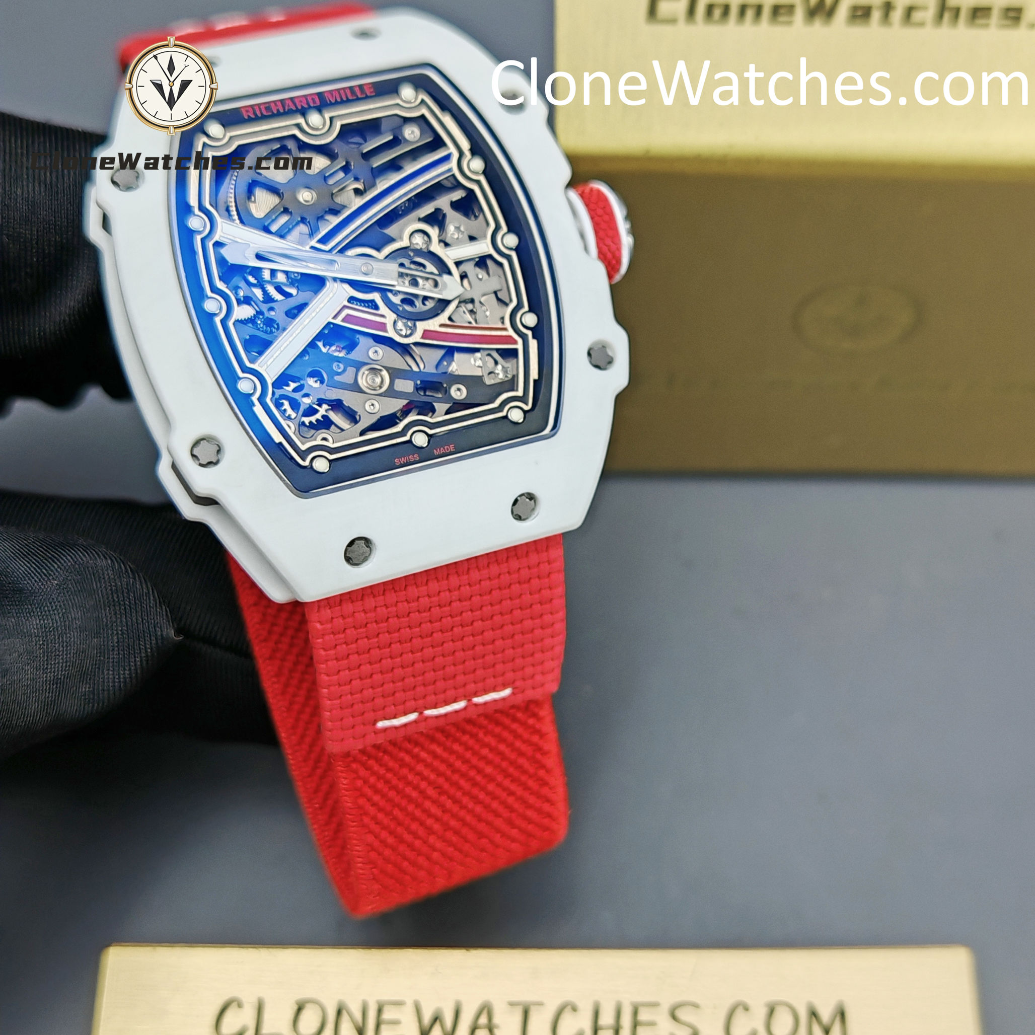 Richard Mille Super Clone Watches 1:1 RM 67 – 02 White Carbon Tourbillon Red Strap