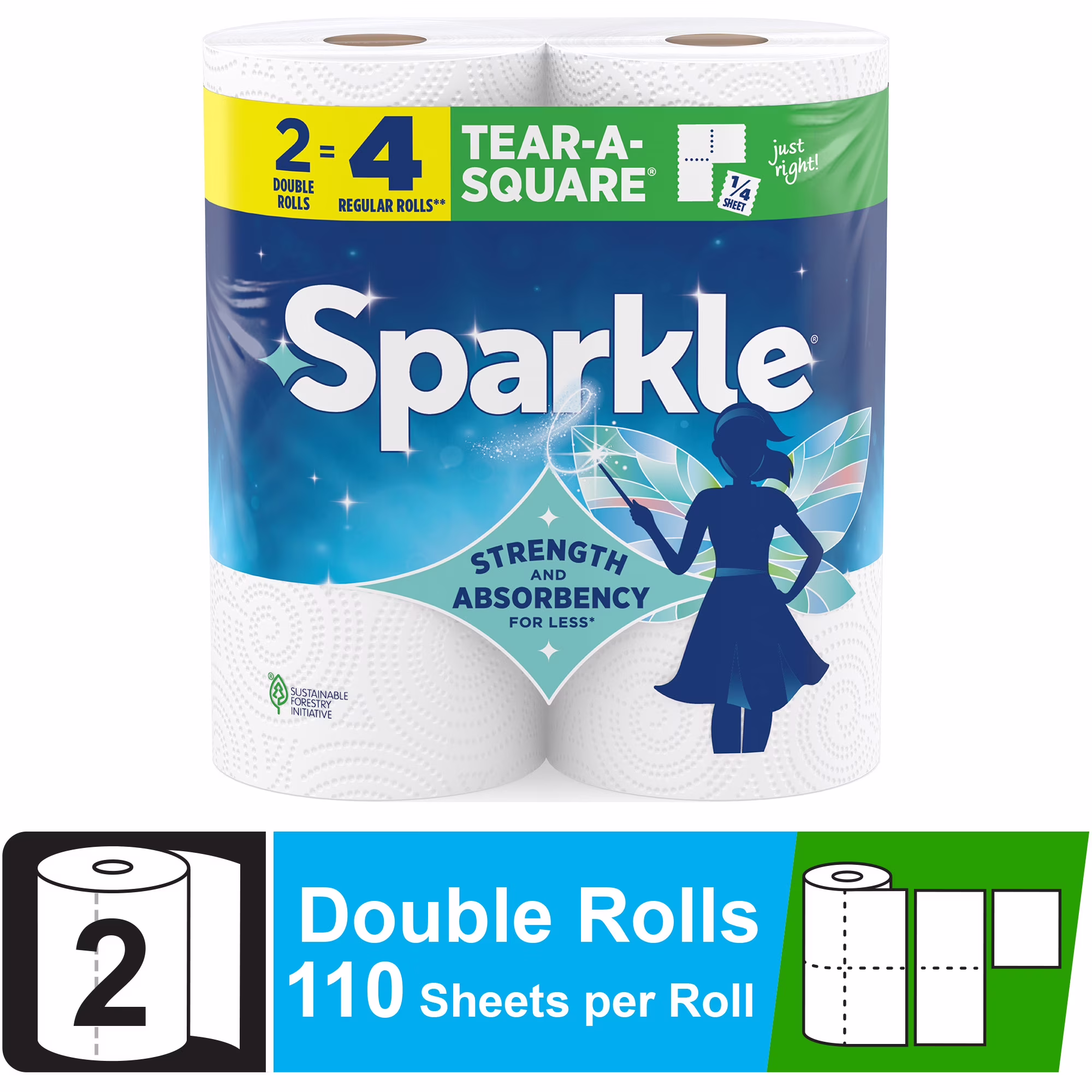 Sparkle Tear-A-Square Paper Towels, 2 Double Rolls, 110 Sheets per Roll