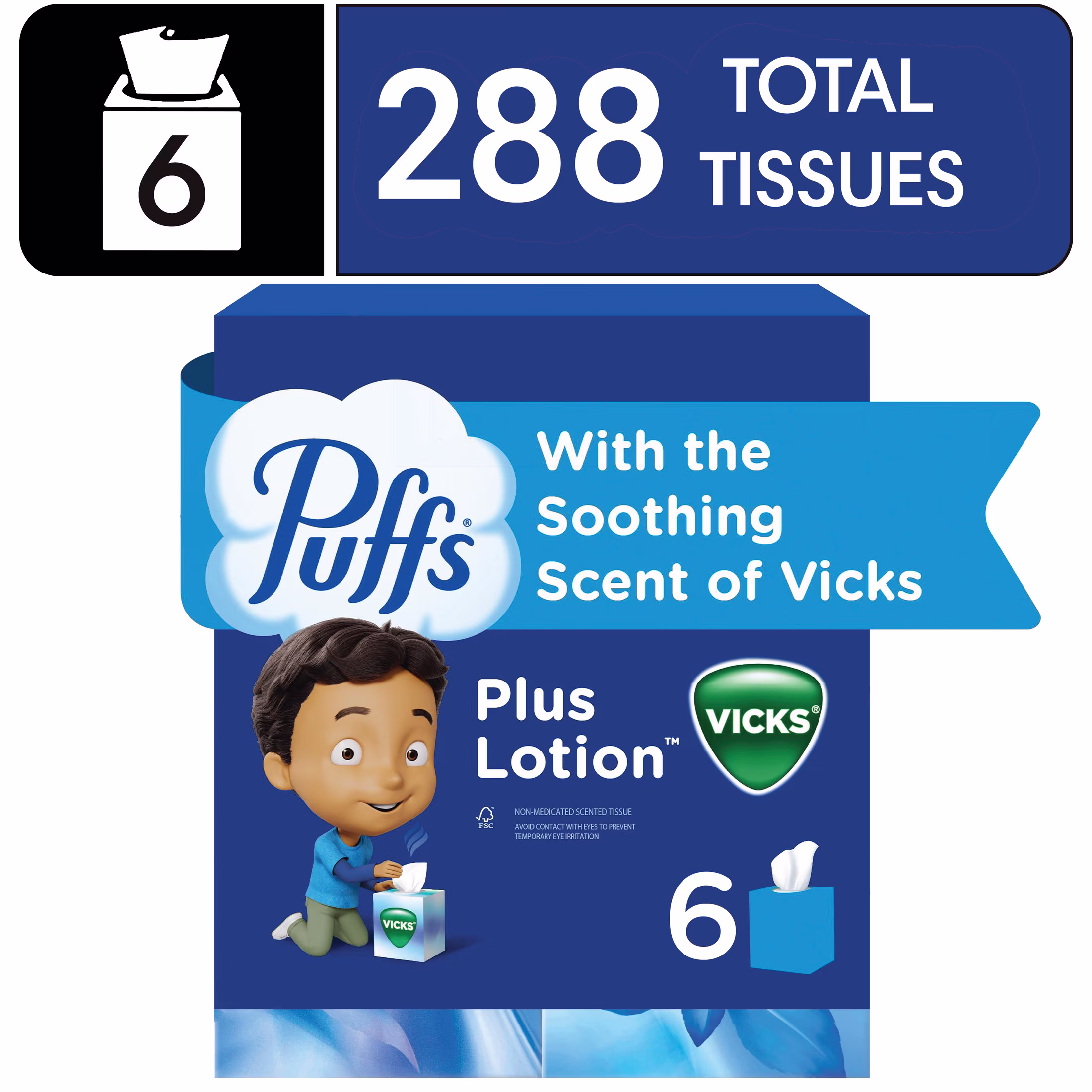 Puffs Facial Tissues Plus Lotion with the Scent of Vicks, 1 Cube Box, 48 Tissues Per Box