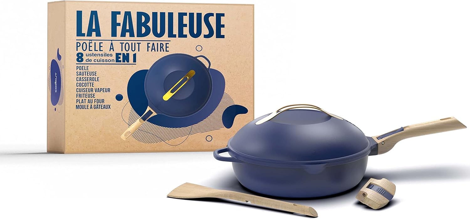 Poêle 8 en 1 avec poignées amovibles panier vapeur friture spatule bois